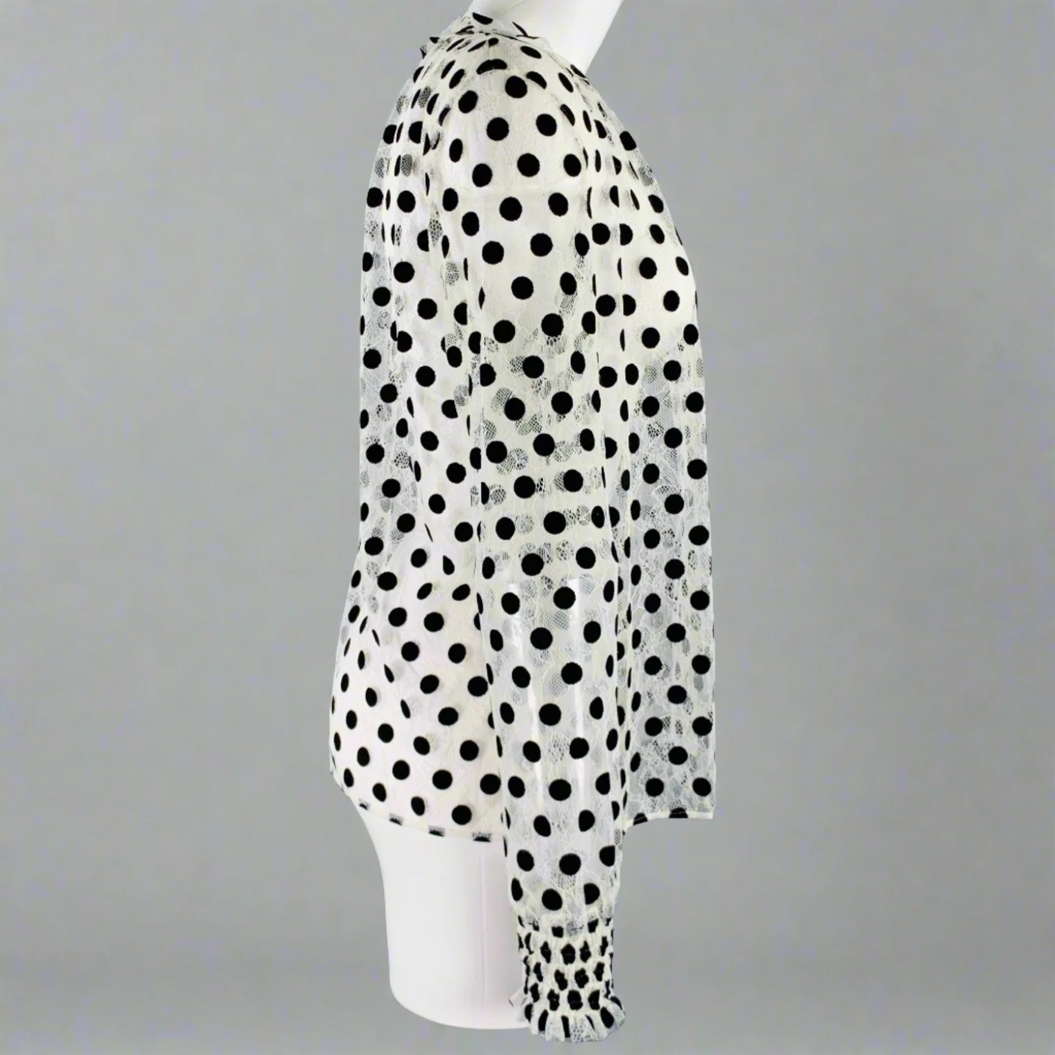 AKRIS Size 8 White Black Viscose Nylon Dots Long Sleeve Blouse - Image 3