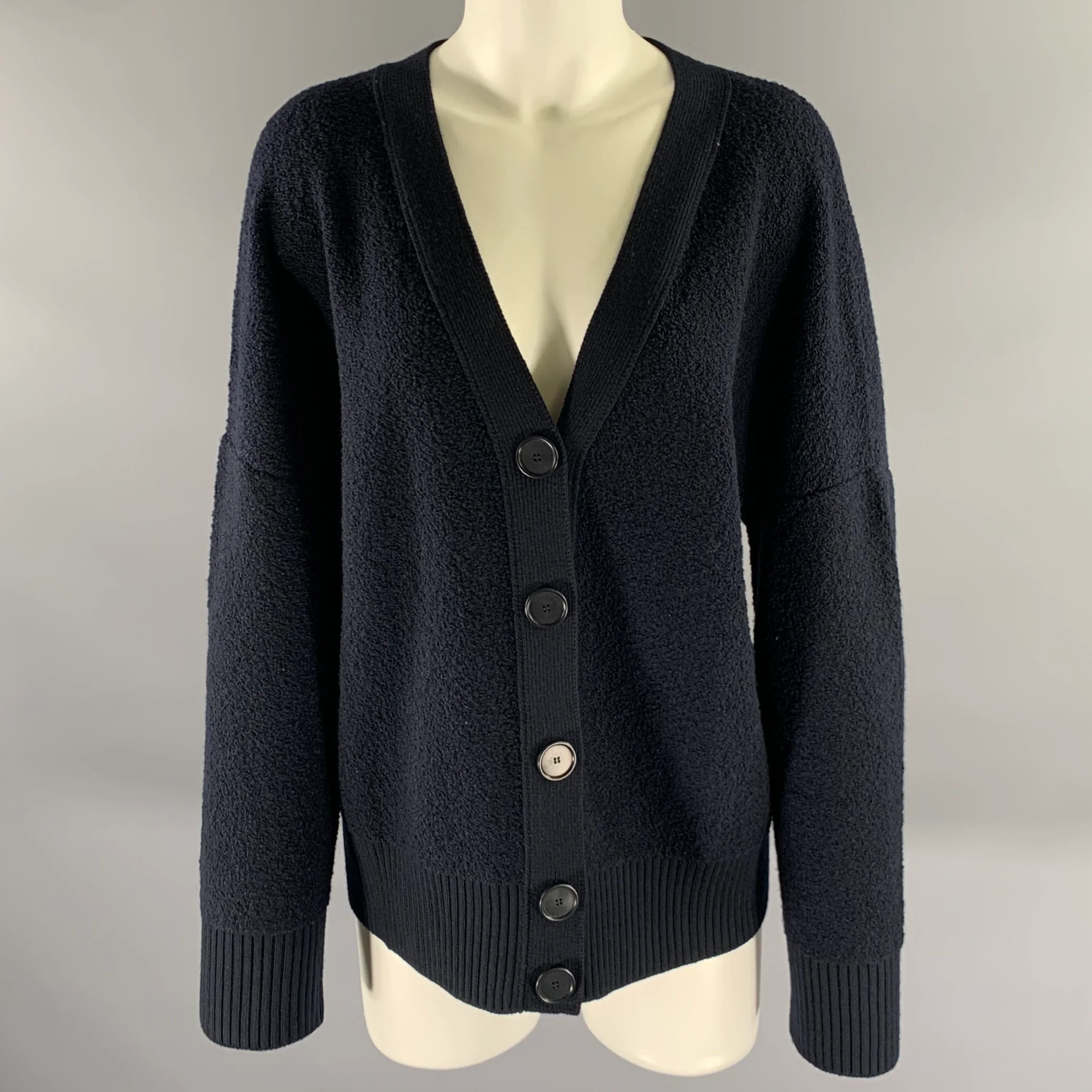 AKRIS Size L Navy Wool Polyamide Cashmere Boucle Cardigan