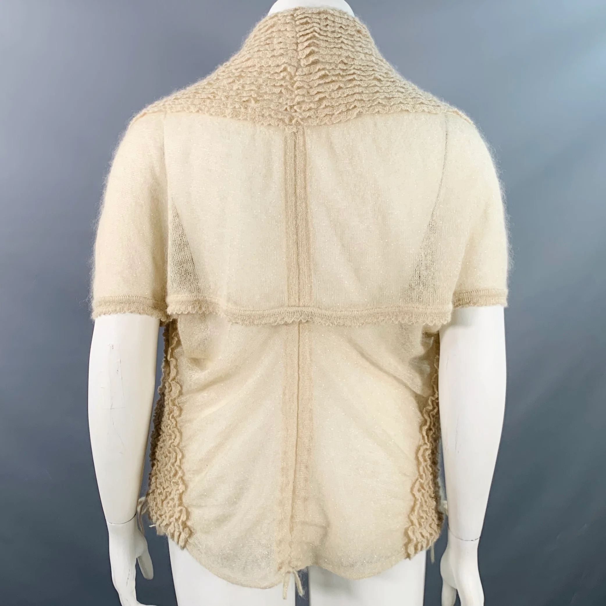 ALAIA Size L Beige Gold Mohair Blend Textured Ruffle Short Sleeve Open Front Cardigan - Image 4