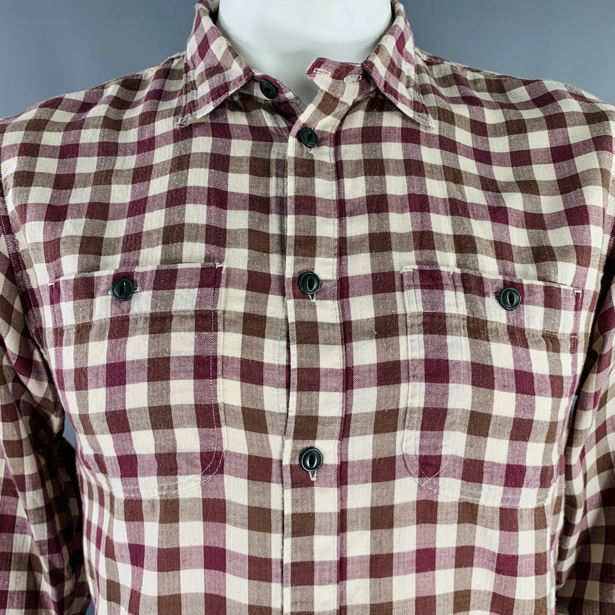 ALBAM Size L Burgundy Brown Checkered Cotton Wool Long Sleeve Shirt - Image 2