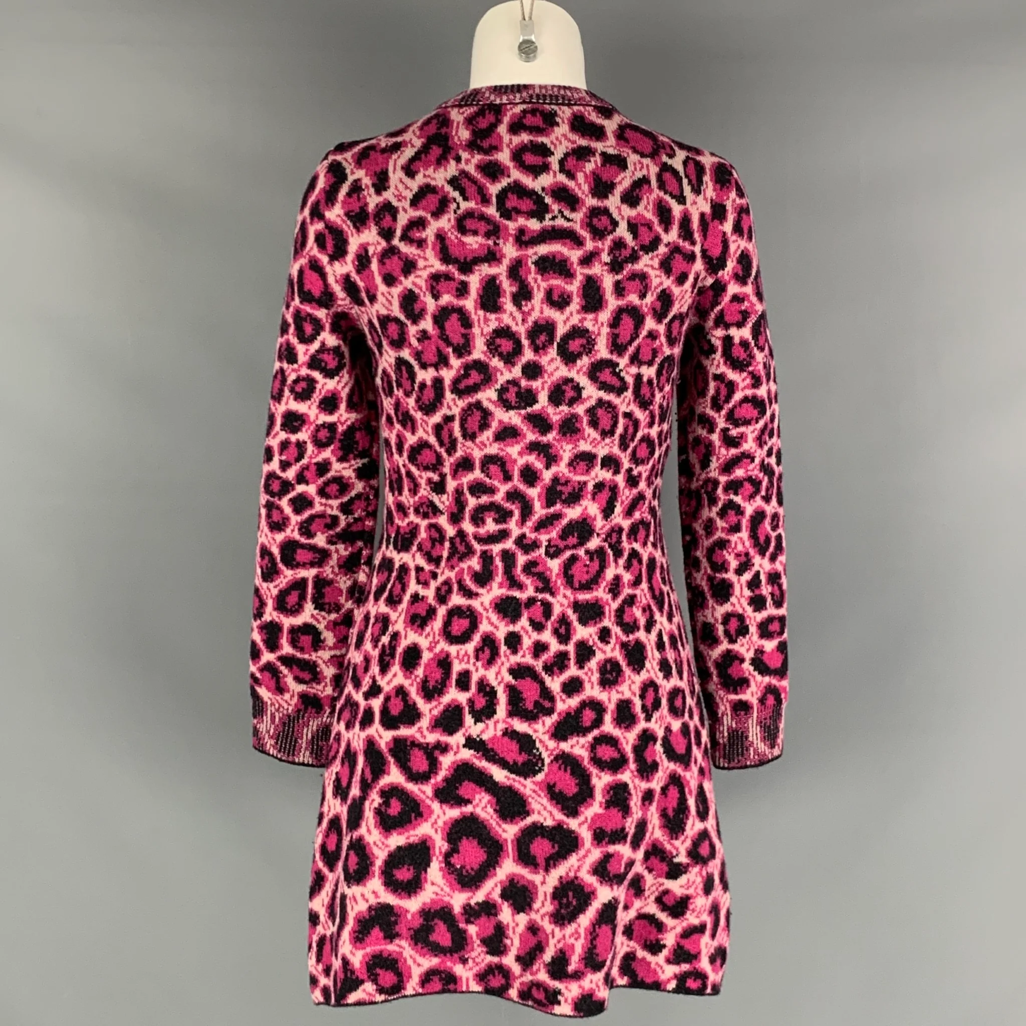 ALBERTA FERRETTI Size 4 Pink Black Virgin Wool Animal Print Long Sleeve Dress - Image 3