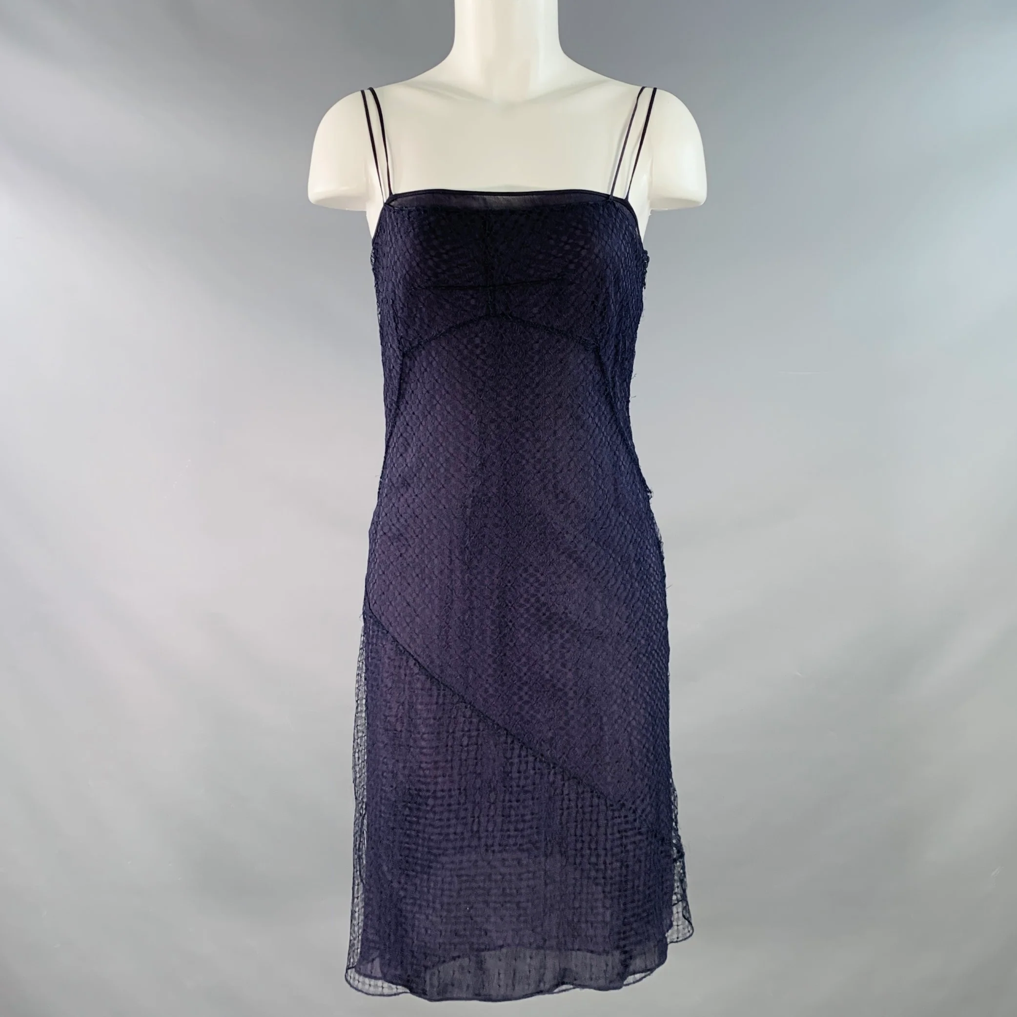 ALBERTA FERRETTI Size 8 Navy Silk Spaghetti Straps Dress