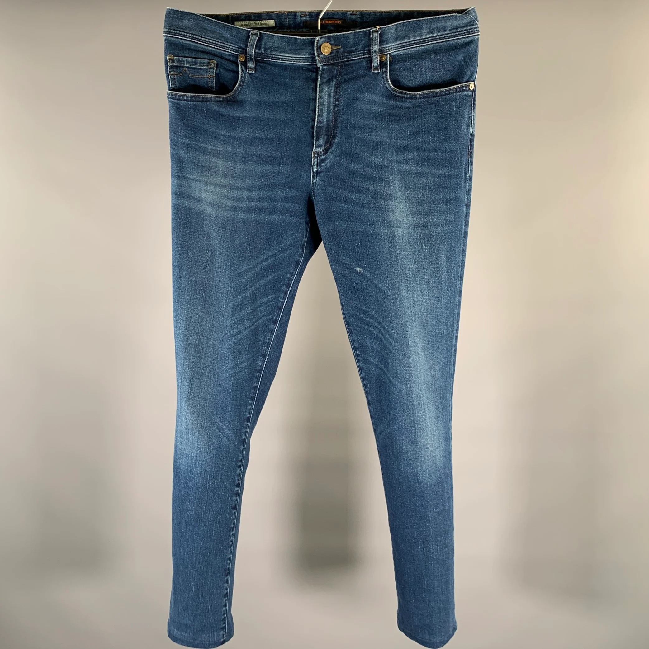 ALBERTO Size 34 Blue Solid Cotton Blend Skinny Jeans