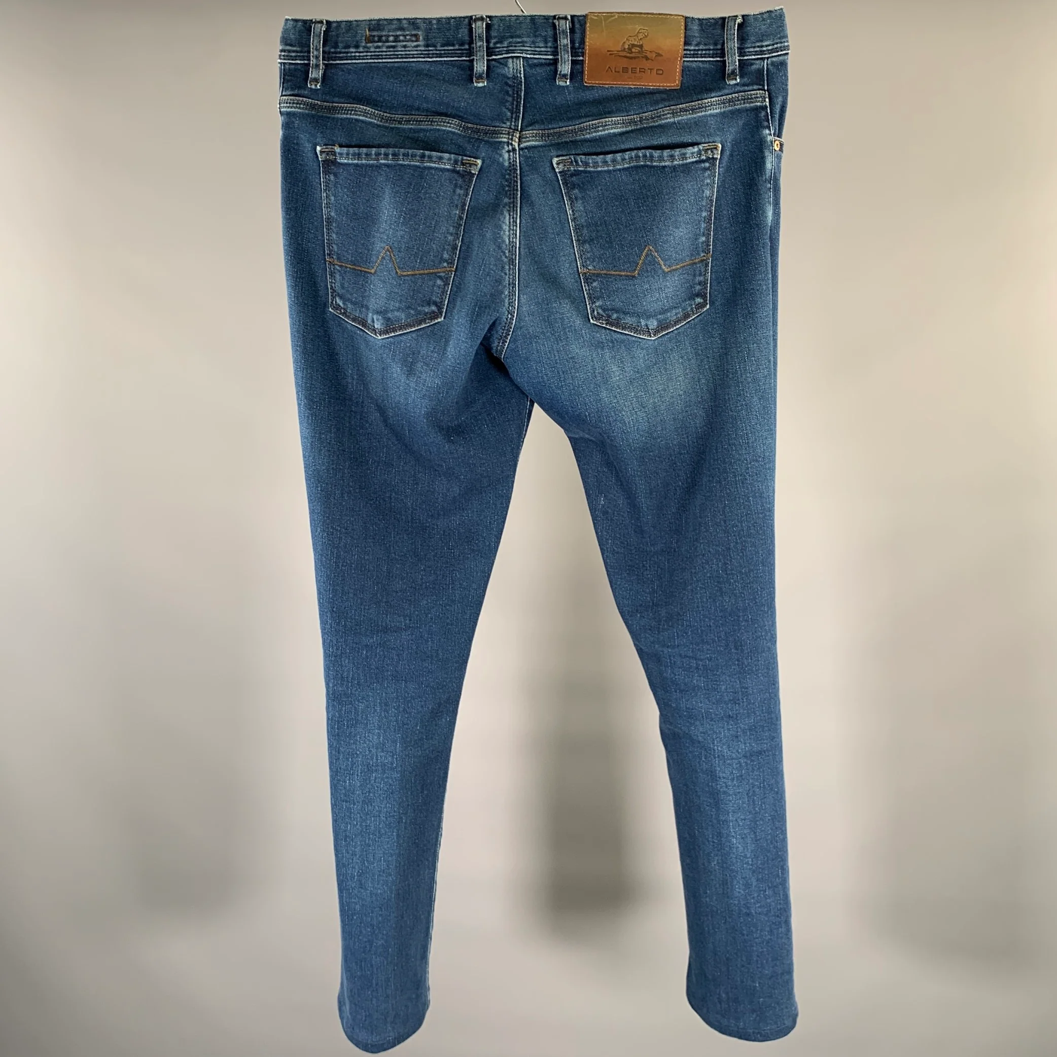 ALBERTO Size 34 Blue Solid Cotton Blend Skinny Jeans - Image 3