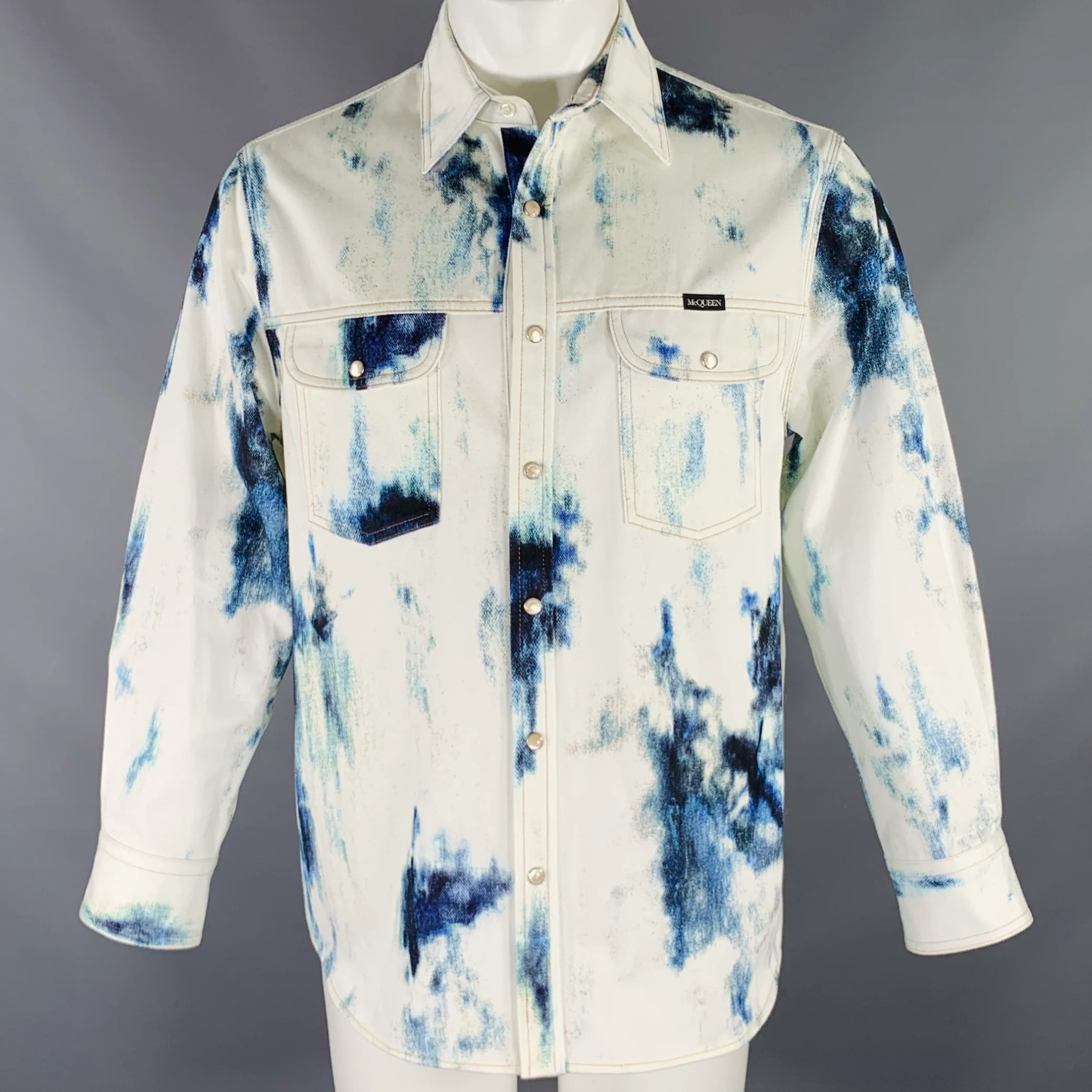 ALEXANDER MCQUEEN 2022 Size 40 White Blue Tie Dye Cotton Long Sleeve Shirt