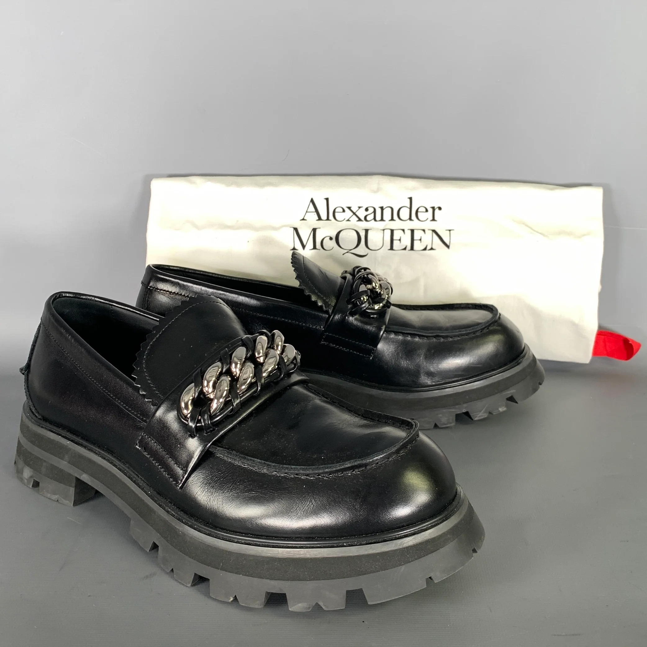 ALEXANDER MCQUEEN Size 10 Black Silver Chain Leather Slip On Loafers - Image 9