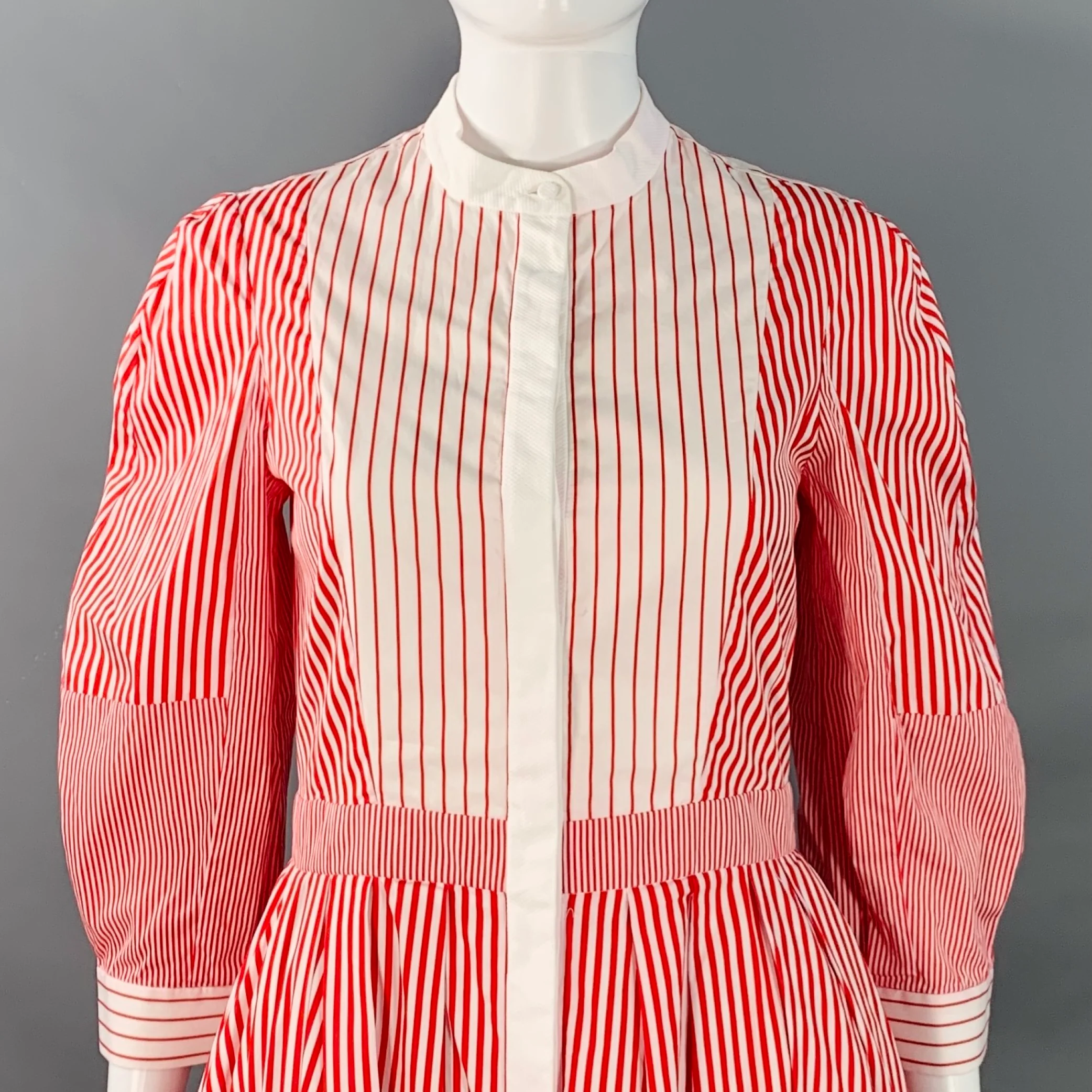 ALEXANDER MCQUEEN Size 2 Red White Cotton Stripe Collarless Asymmetrical A-Line Dress - Image 2