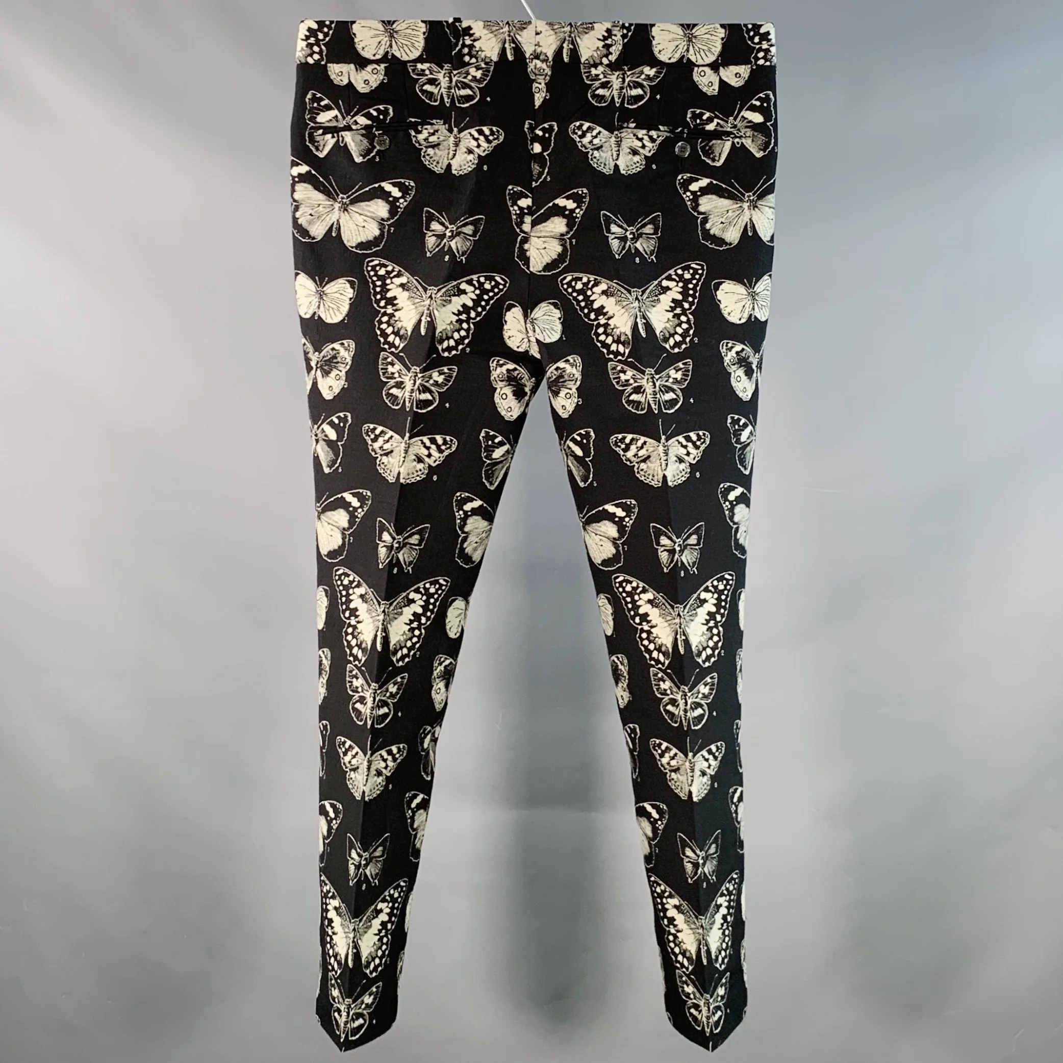 ALEXANDER MCQUEEN Size 38 Black Grey Butterfly Wool Cotton Blend Jacquard Dress Pants - Image 3