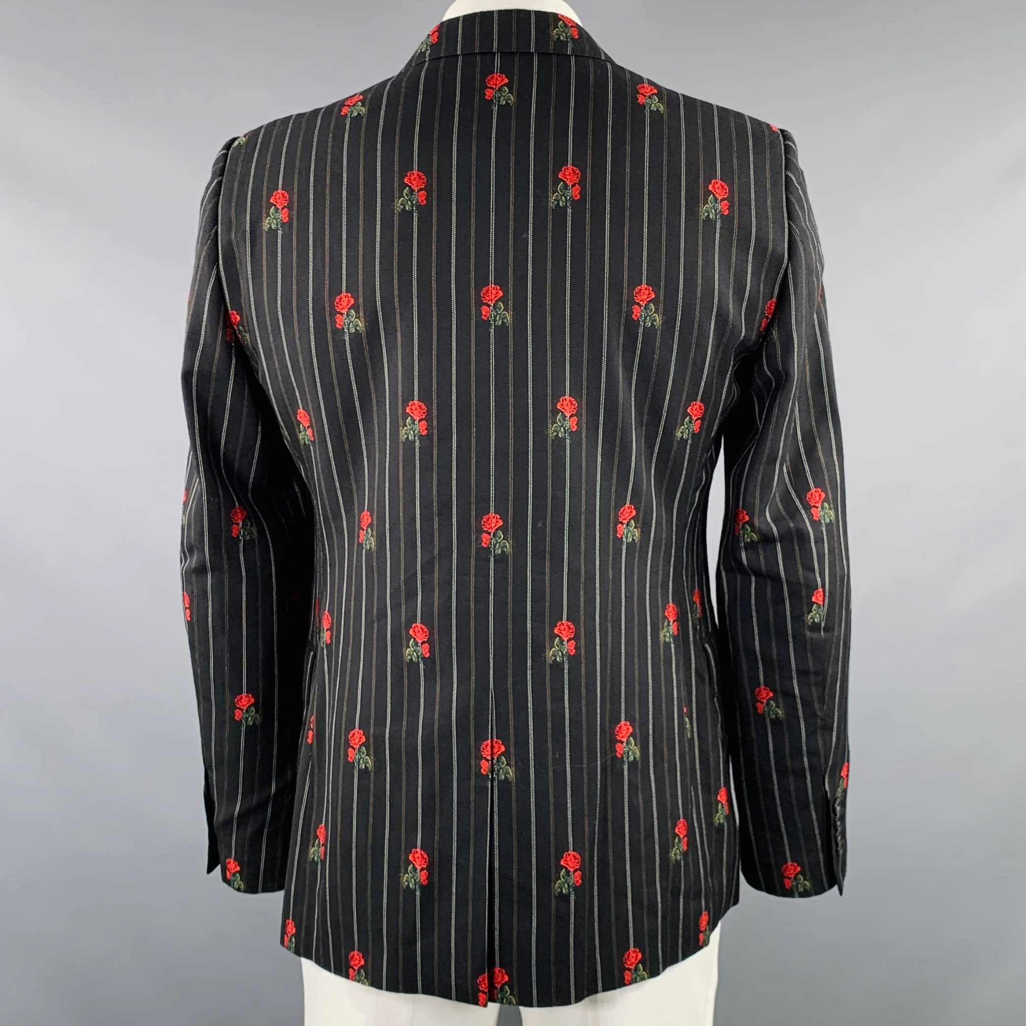 ALEXANDER MCQUEEN Size 42 Black Red Stripe Roses Wool Cotton Sport Coat - Image 4