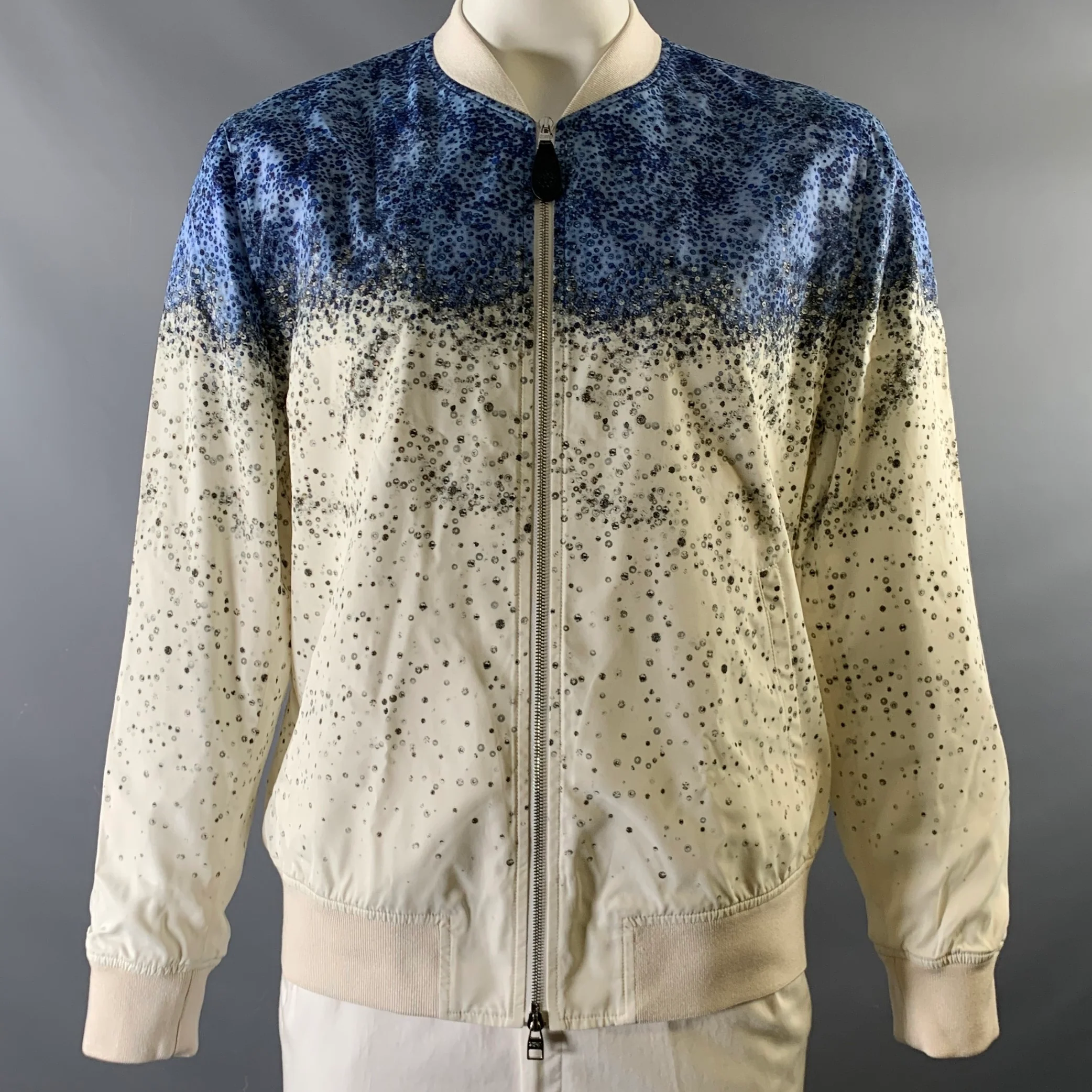 ALEXANDER MCQUEEN Size 46 Off White Blue Print Viscose Bomber Jacket