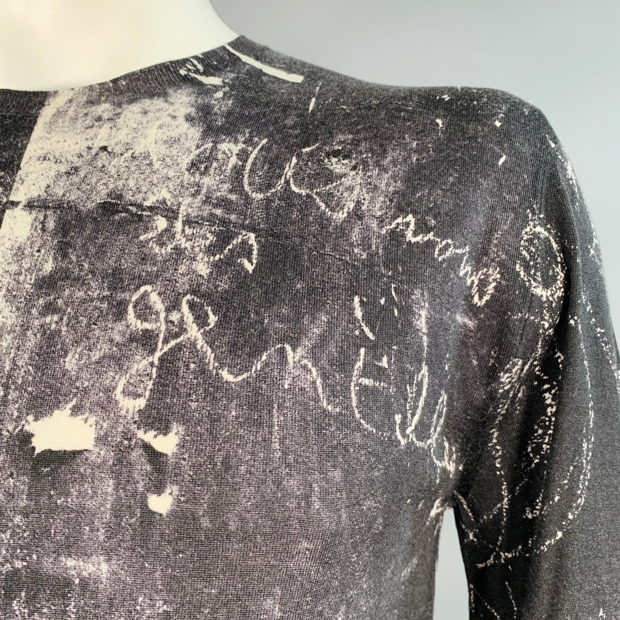 ALEXANDER MCQUEEN Size L Black White Marbled Wool Silk Crew-Neck Pullover - Image 4