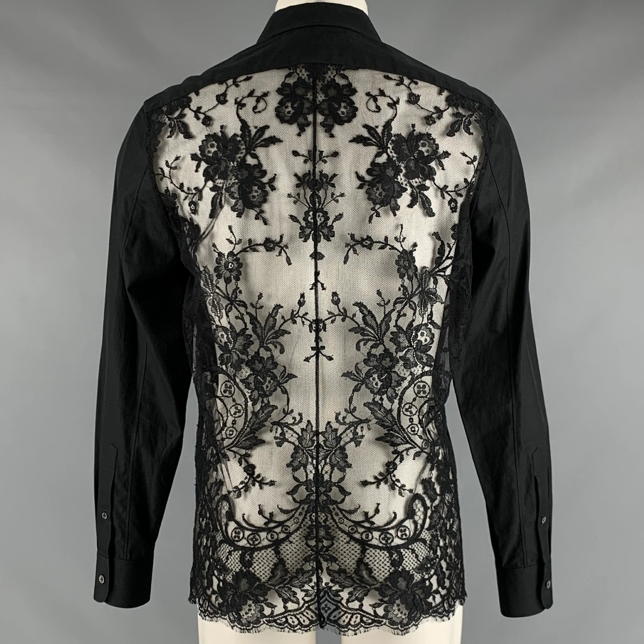 ALEXANDER MCQUEEN Size M Black Lace Cotton Button Up Long Sleeve Shirt - Image 3