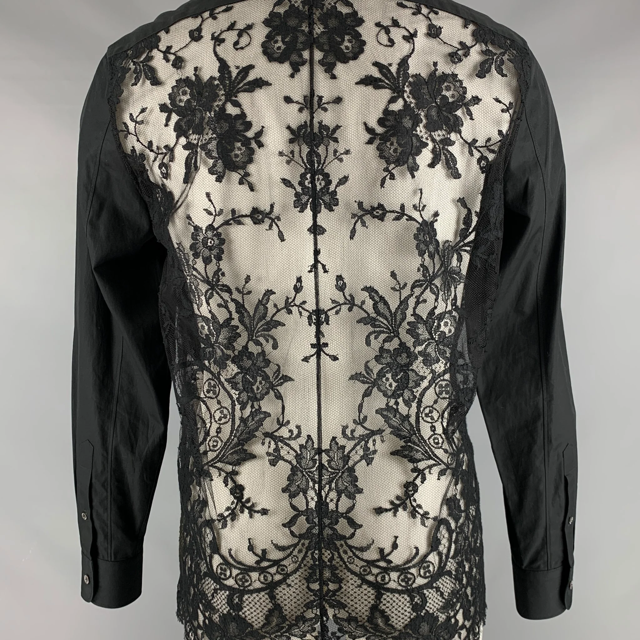 ALEXANDER MCQUEEN Size M Black Lace Cotton Button Up Long Sleeve Shirt - Image 4