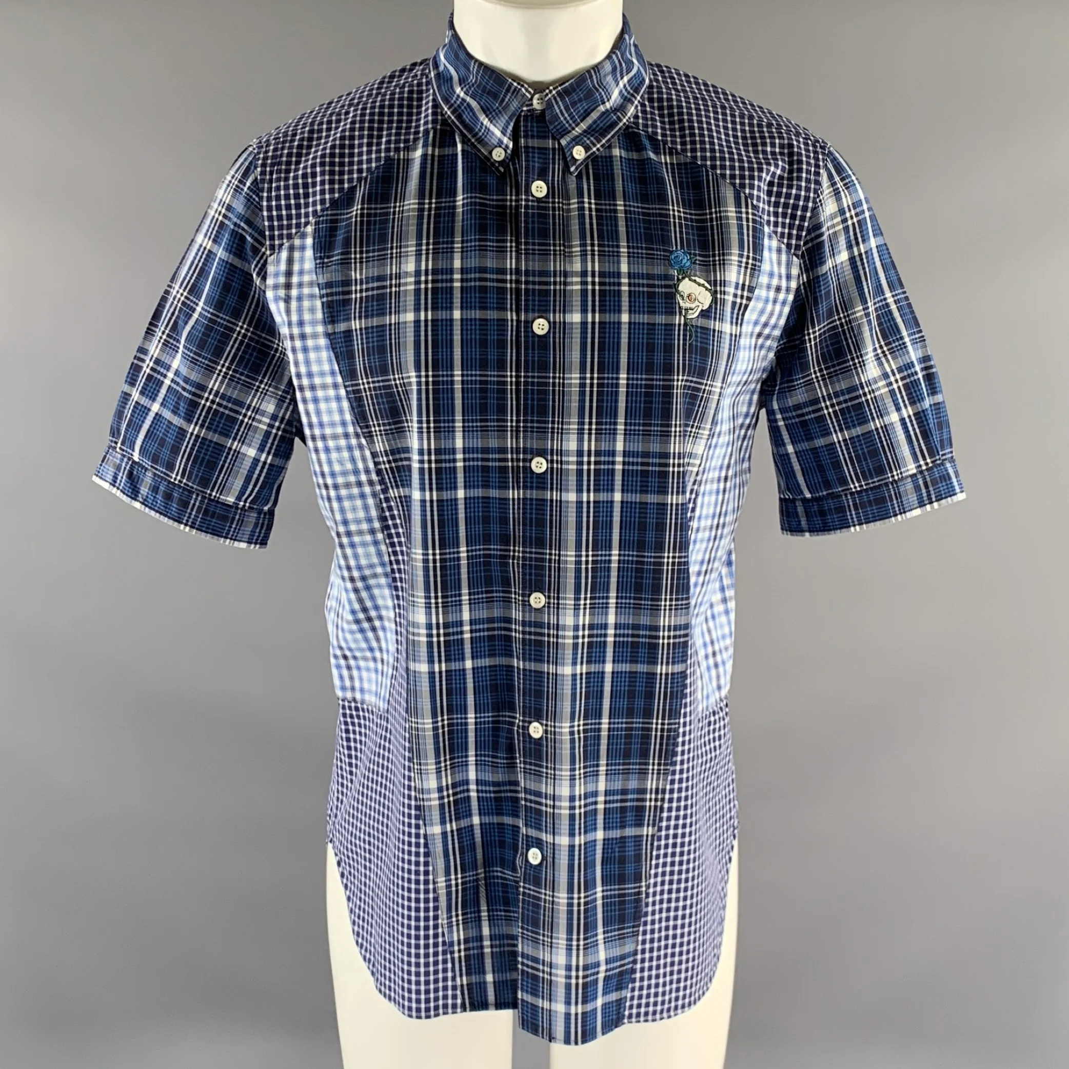 ALEXANDER MCQUEEN Size M Blue Mixed Plaid Cotton Short Sleeve Shirt