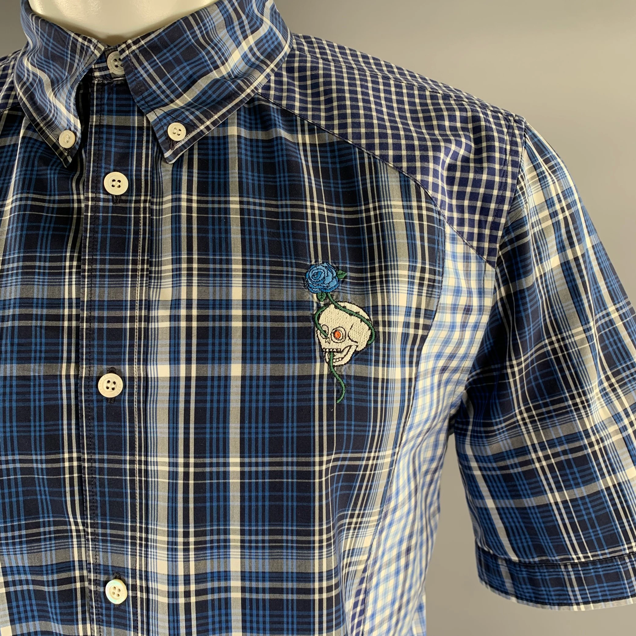 ALEXANDER MCQUEEN Size M Blue Mixed Plaid Cotton Short Sleeve Shirt - Image 2