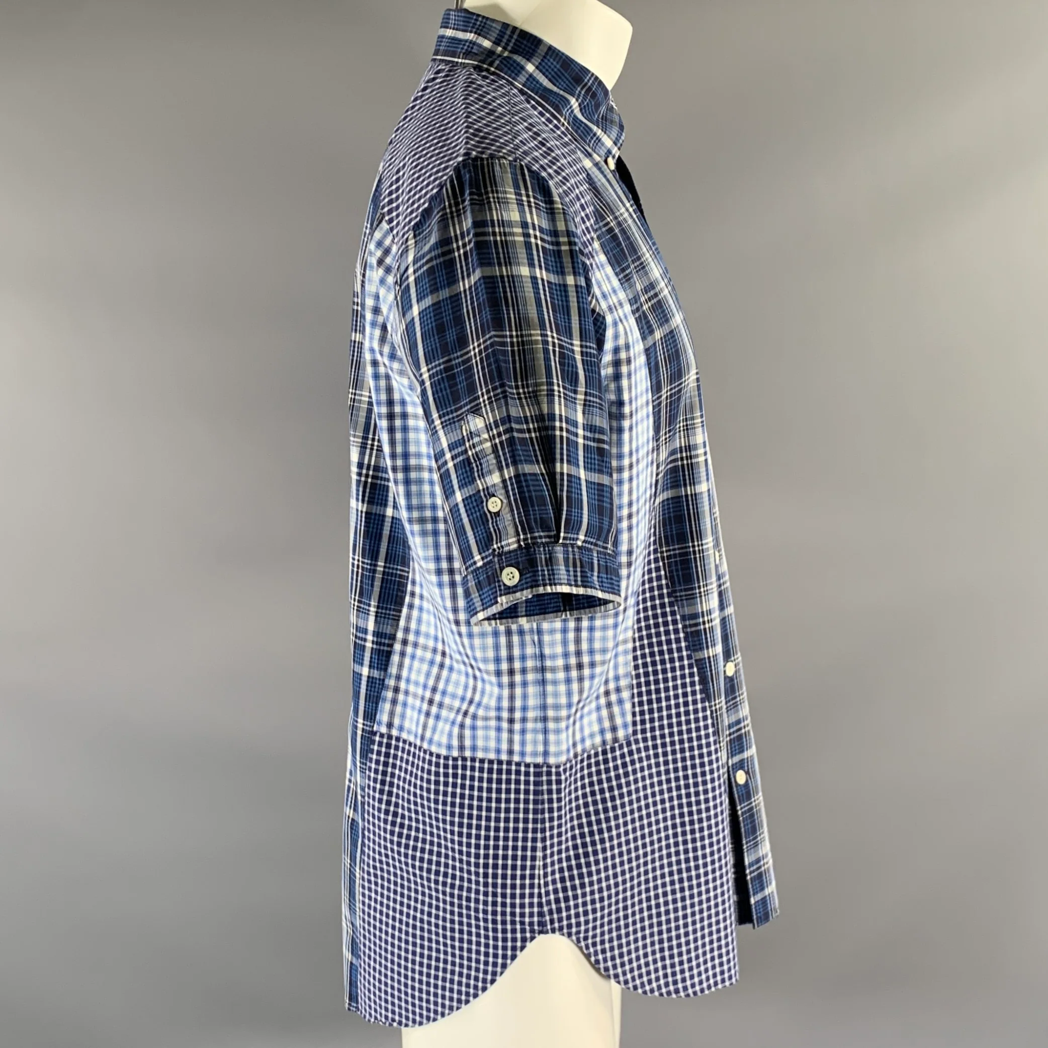 ALEXANDER MCQUEEN Size M Blue Mixed Plaid Cotton Short Sleeve Shirt - Image 3