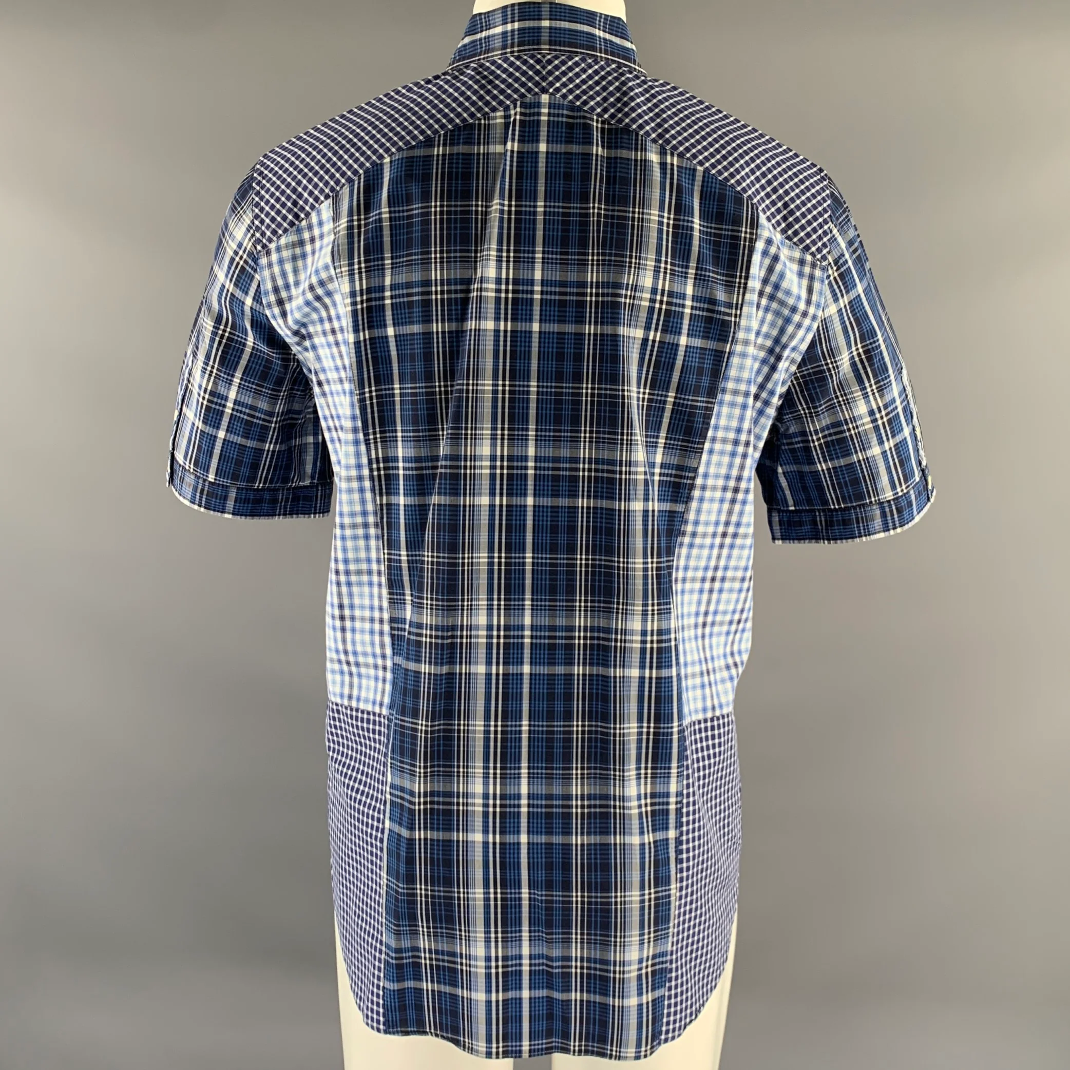 ALEXANDER MCQUEEN Size M Blue Mixed Plaid Cotton Short Sleeve Shirt - Image 4