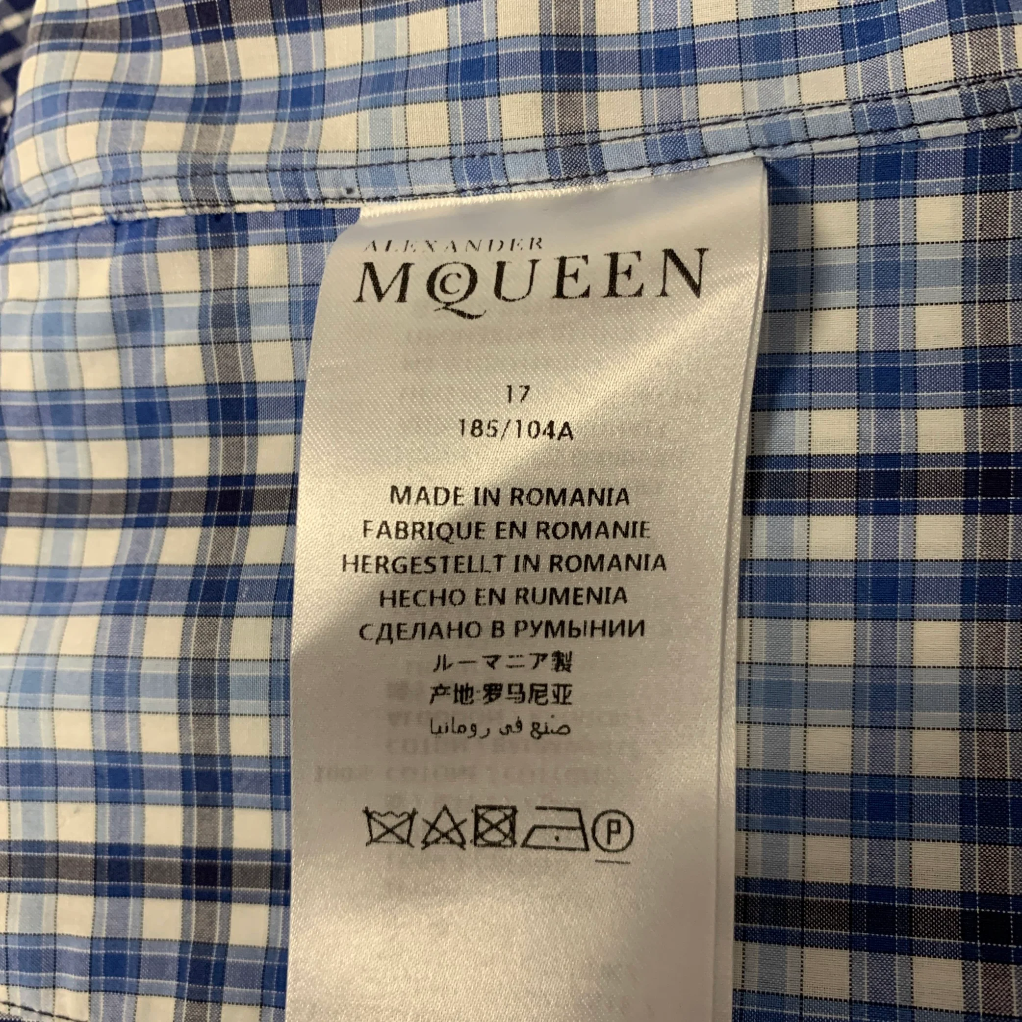 ALEXANDER MCQUEEN Size M Blue Mixed Plaid Cotton Short Sleeve Shirt - Image 7