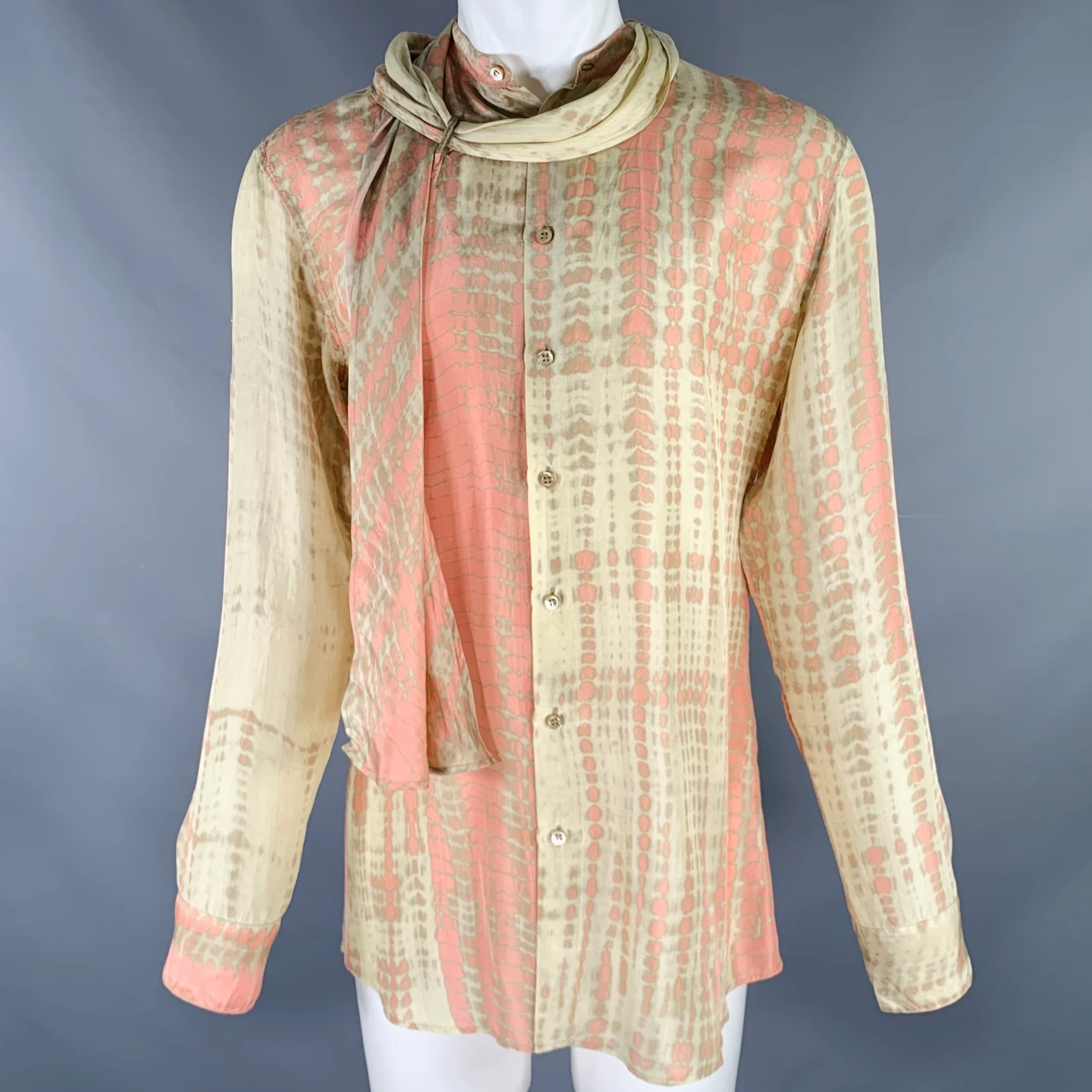 ALEXANDER MCQUEEN Size M Khaki Pink Dyed Silk Nehru Collar Long Sleeve Shirt