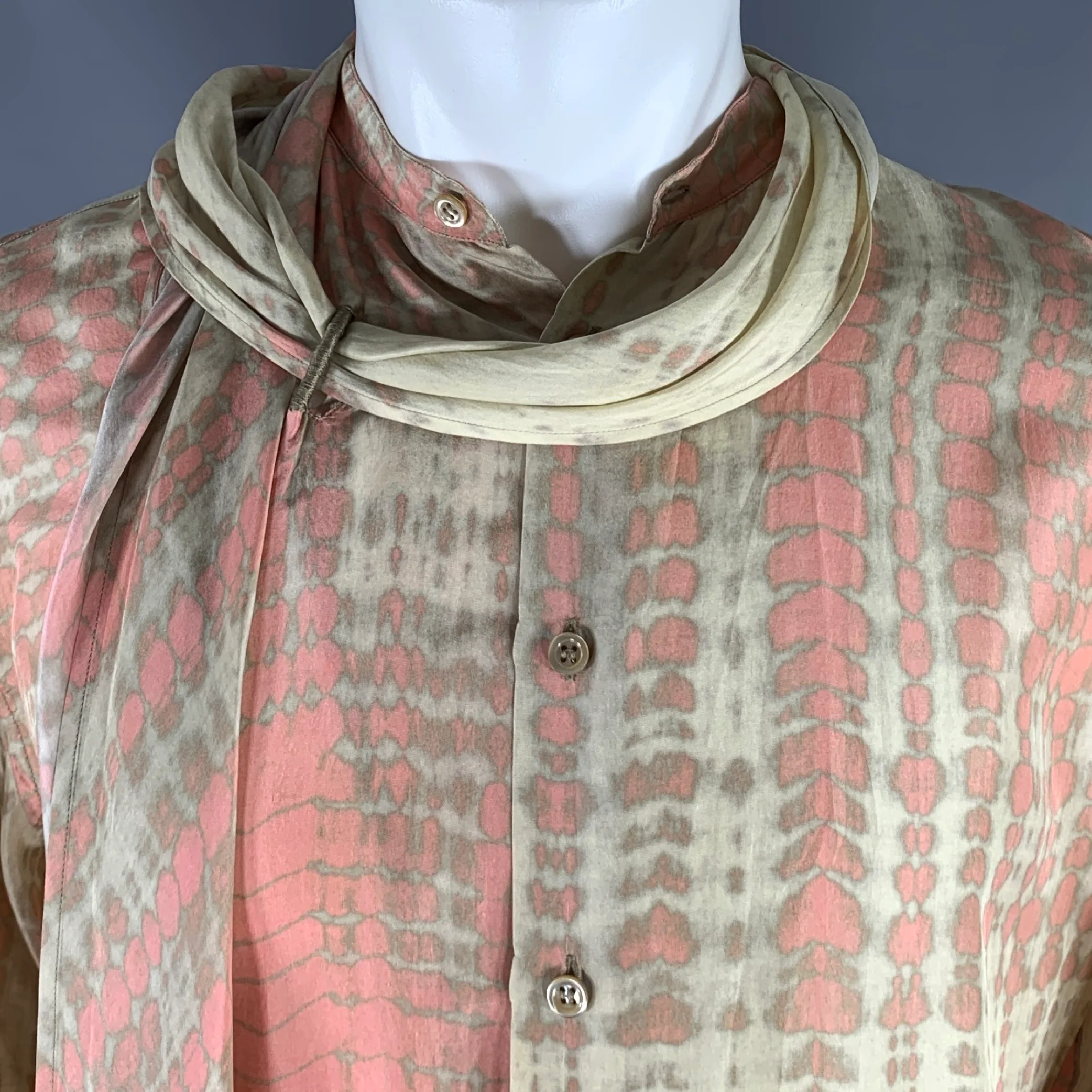 ALEXANDER MCQUEEN Size M Khaki Pink Dyed Silk Nehru Collar Long Sleeve Shirt - Image 3