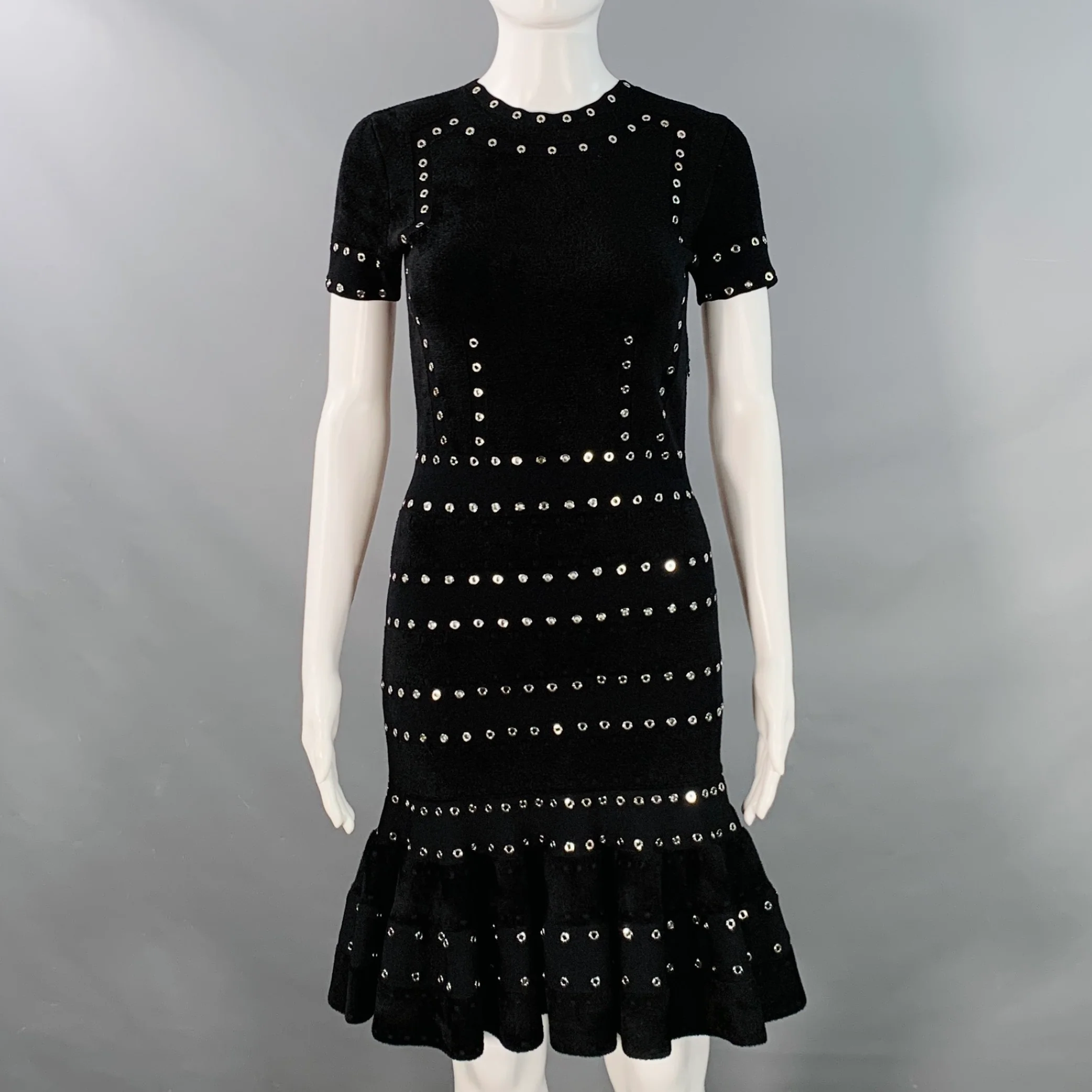 ALEXANDER MCQUEEN Size S Black Viscose Blend Studded Trim Flounce Dress