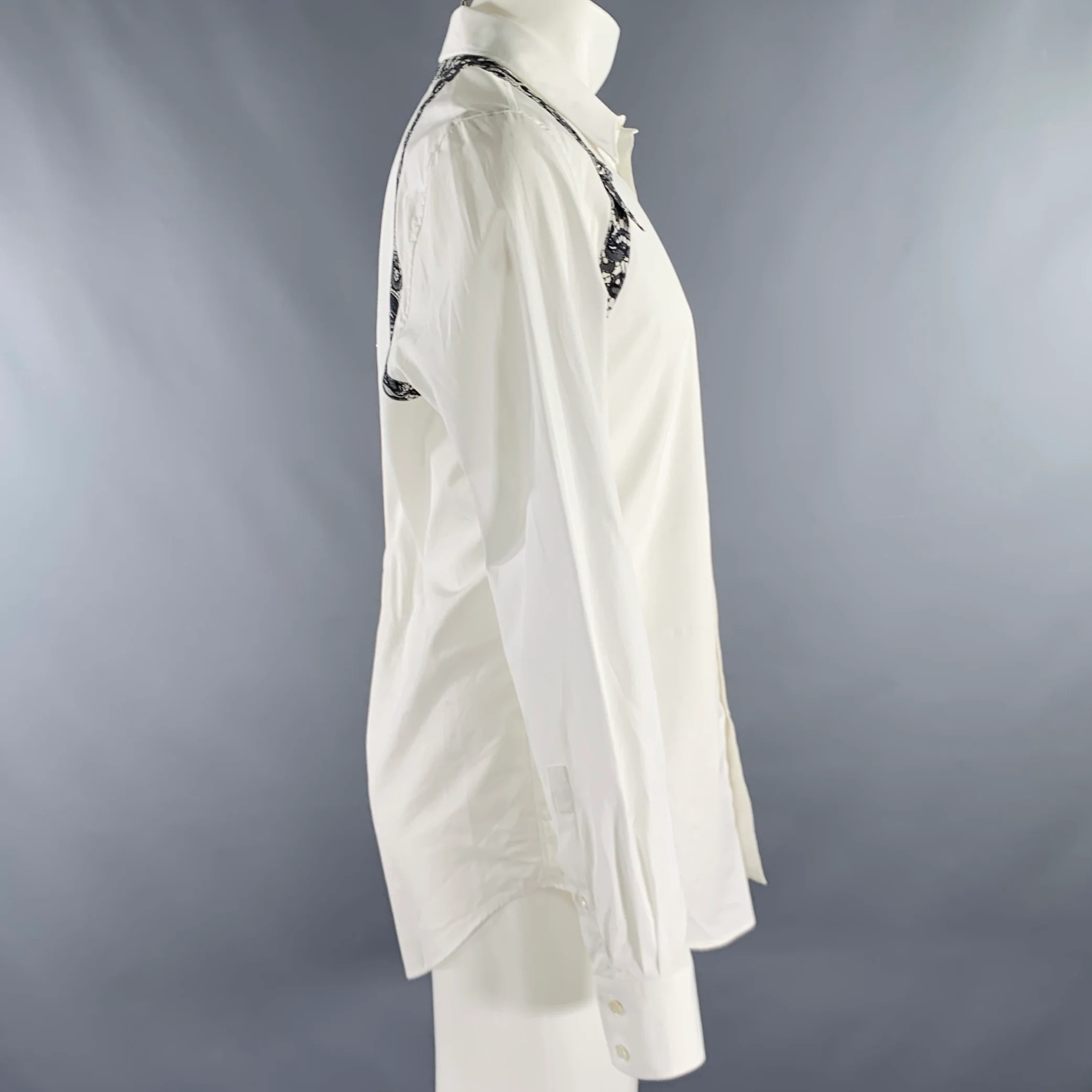 ALEXANDER MCQUEEN Size S White Black Lace Cotton Print Long Sleeve Shirt - Image 4