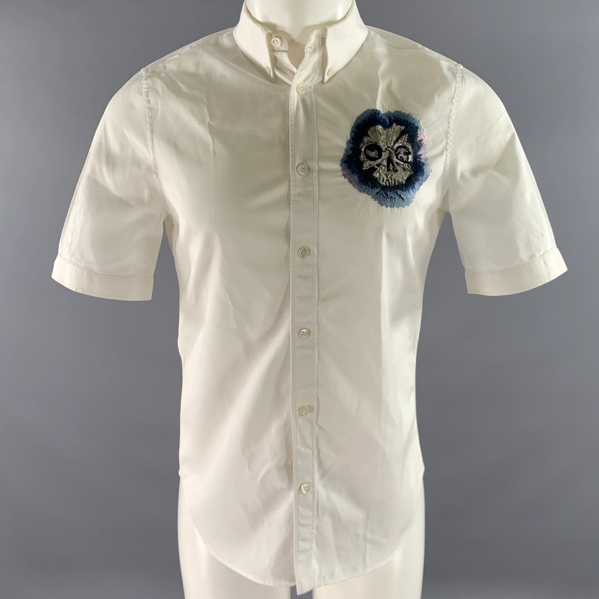 ALEXANDER MCQUEEN Size S White Skull Embroidery Cotton Short Sleeve Shirt