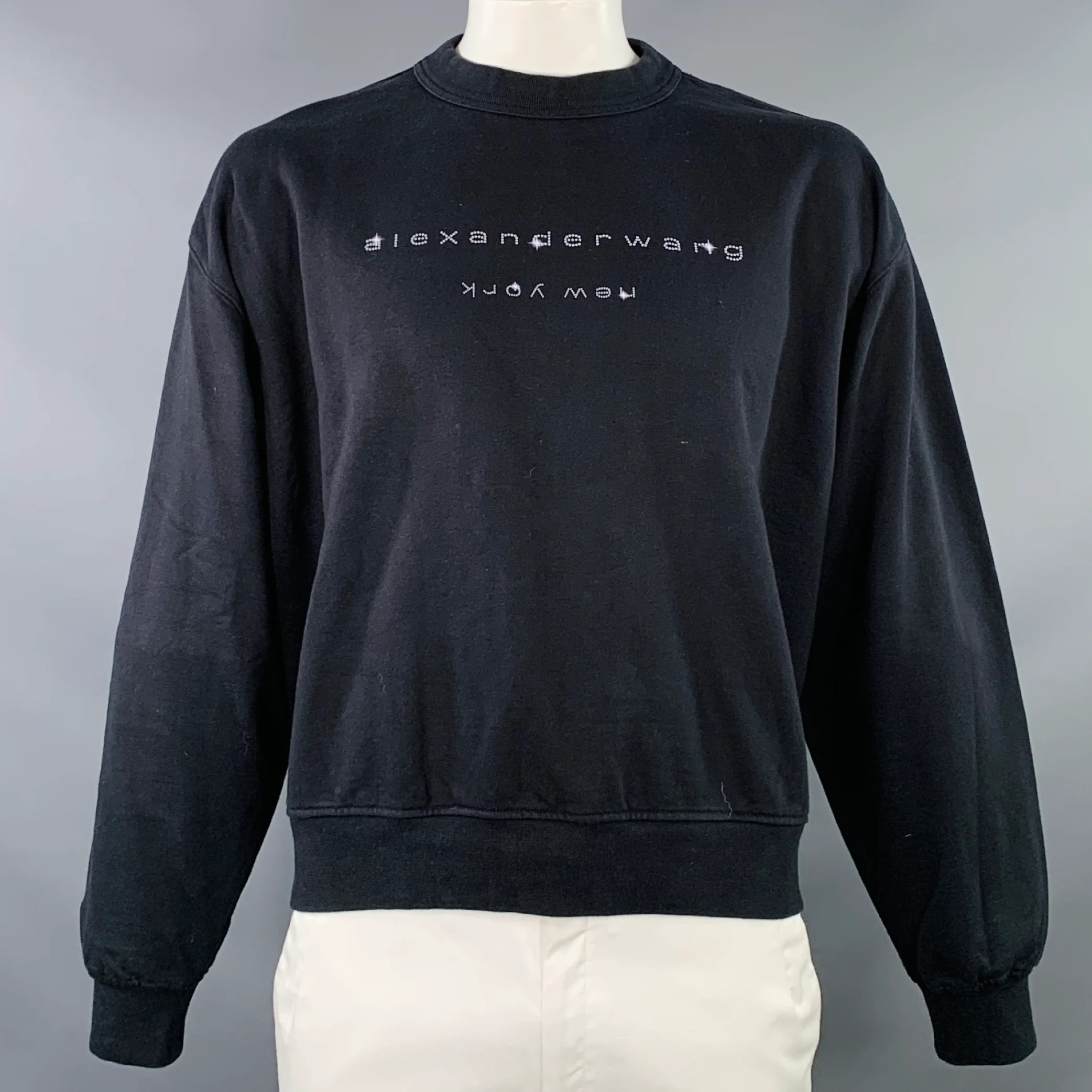 ALEXANDER WANG Size L Black Grey Logo Cotton Oversized Crew Neck Sweatshirt