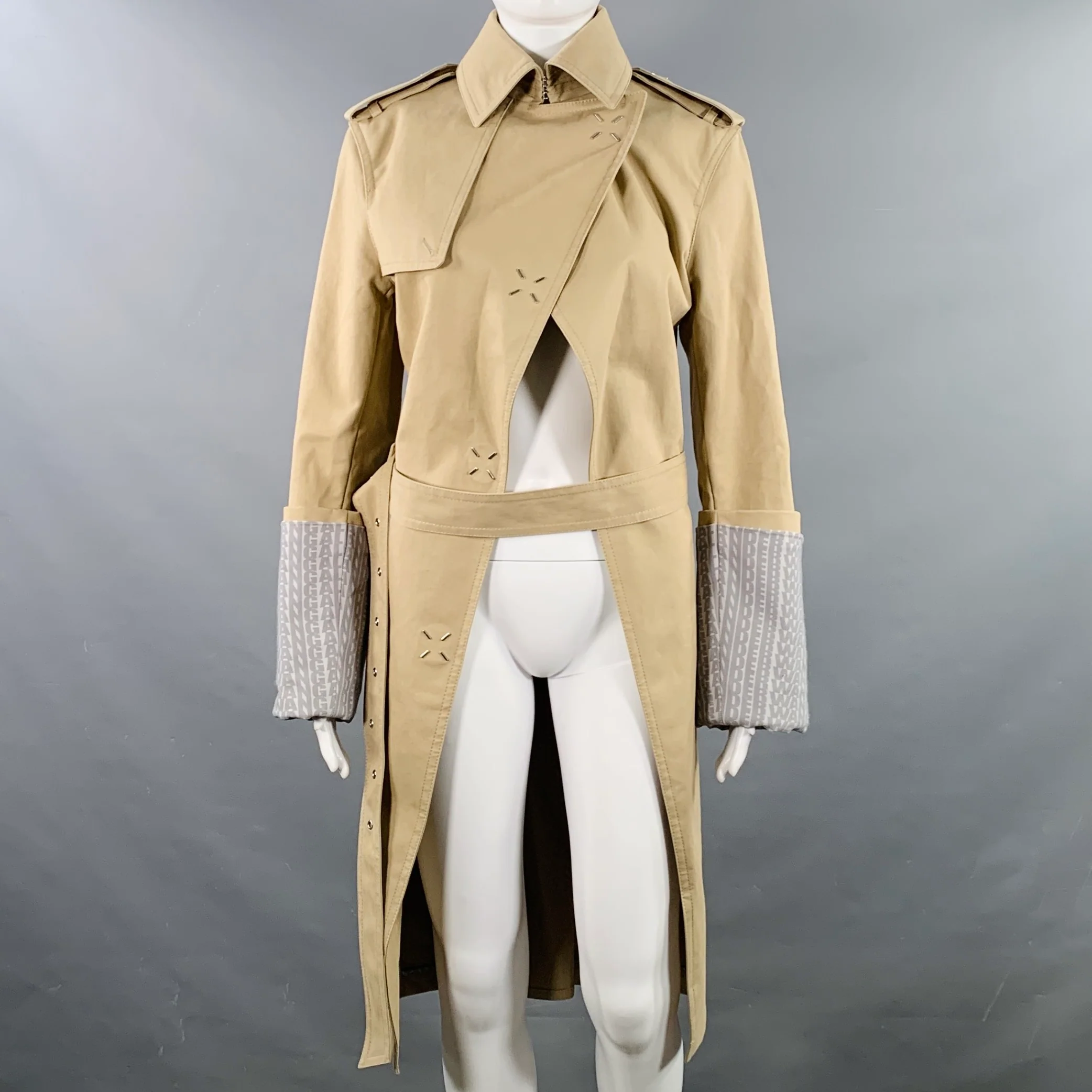 ALEXANDER WANG Spring 2014 Size 2 Runway Beige Grey Cotton Blend Logo Cutaway Trenchcoat