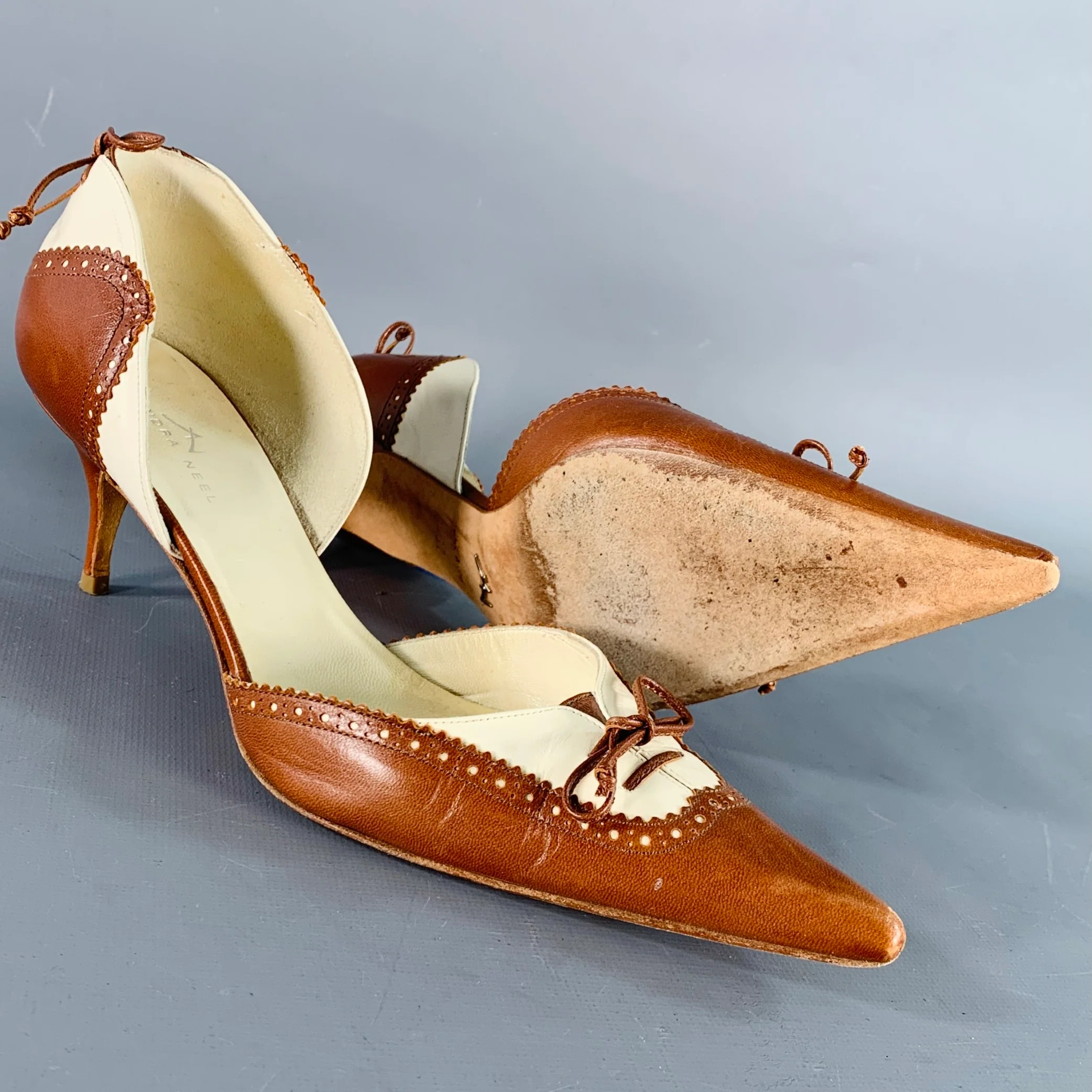 ALEXANDRA NEEL Size 7 Brown Cream Perforated Pointed Toe D'Orsay Kitten Heel Pumps - Image 5