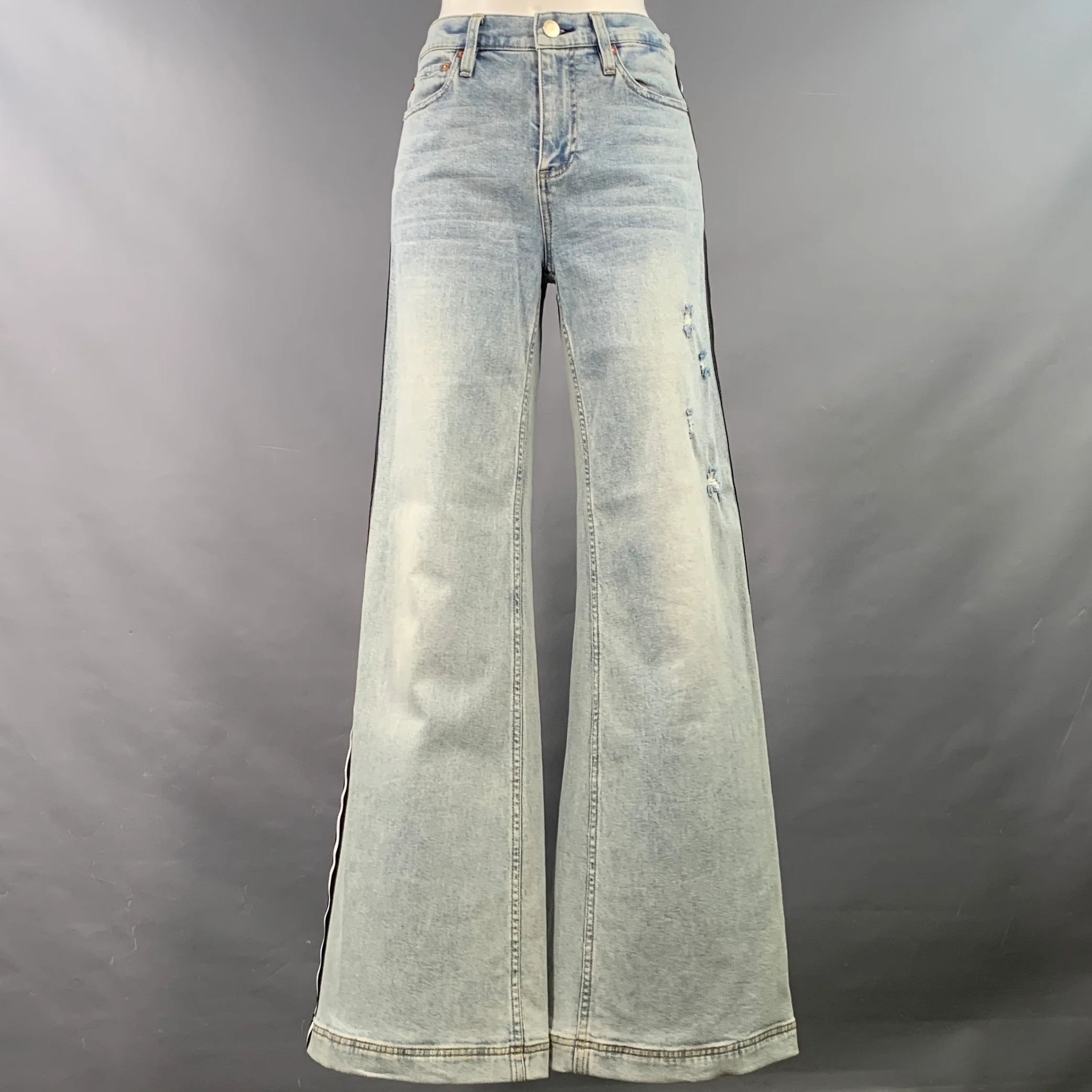 ALICE + OLIVIA Size 28 Blue Cotton Blend Denim Distressed Wide Leg Casual Pants