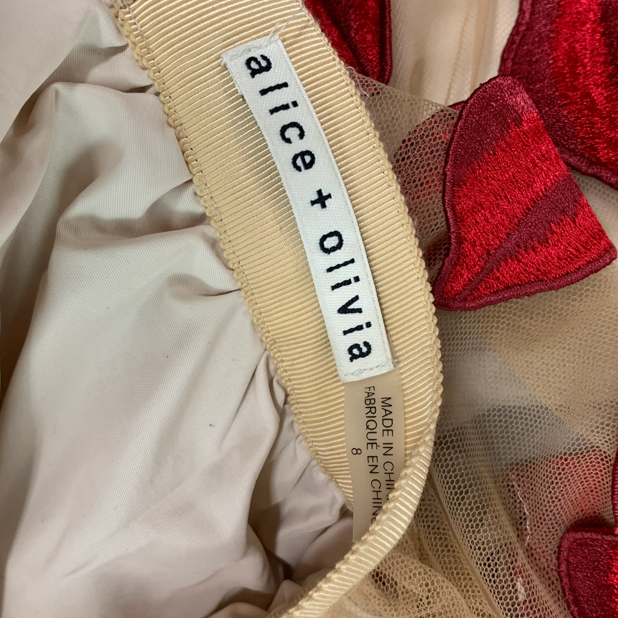 ALICE + OLIVIA Size 8 Beige Red Silk Embellishment Circle Skirt - Image 3