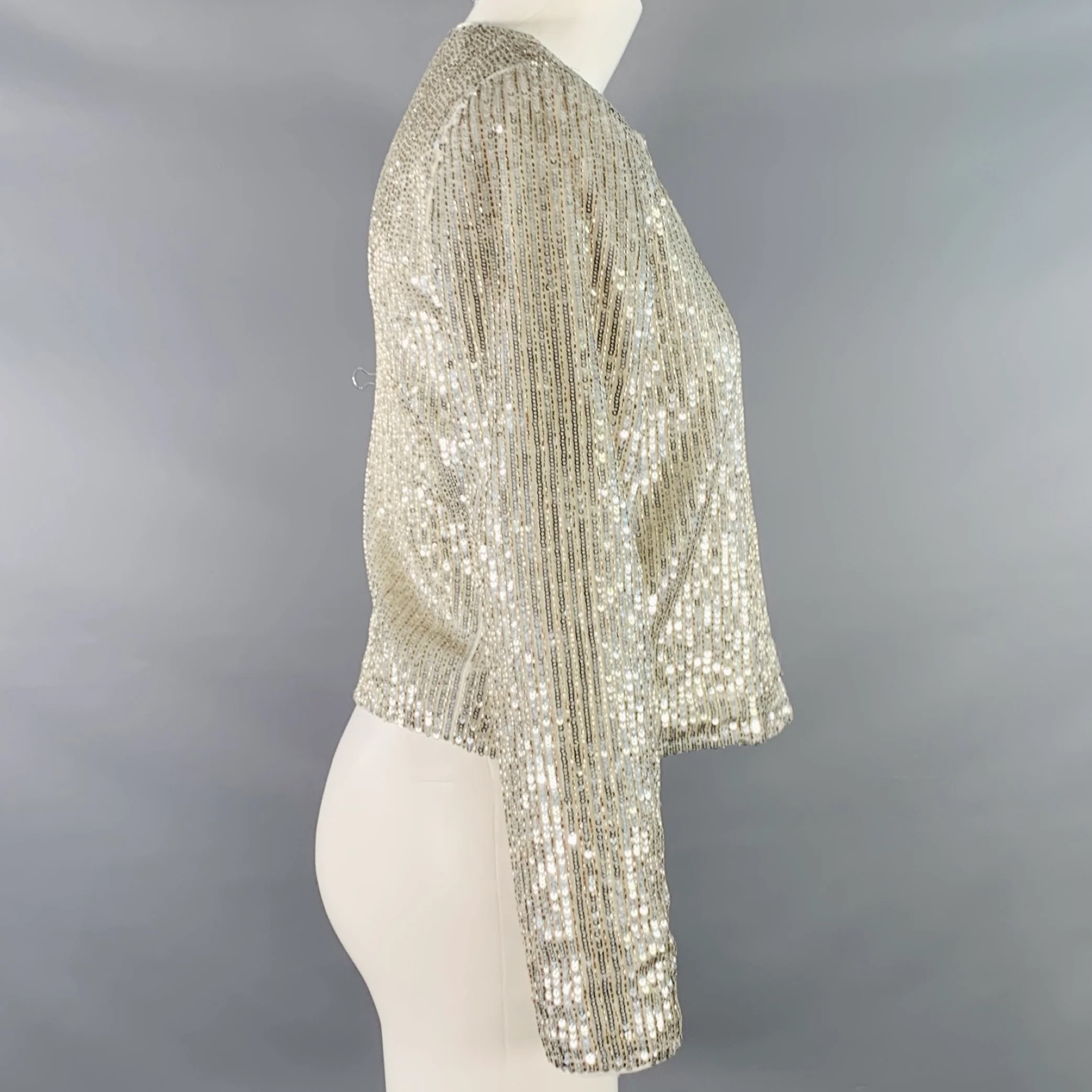 ALICE + OLIVIA Size S Silver Polyester Sequined Stripe Jacket Blazer - Image 3