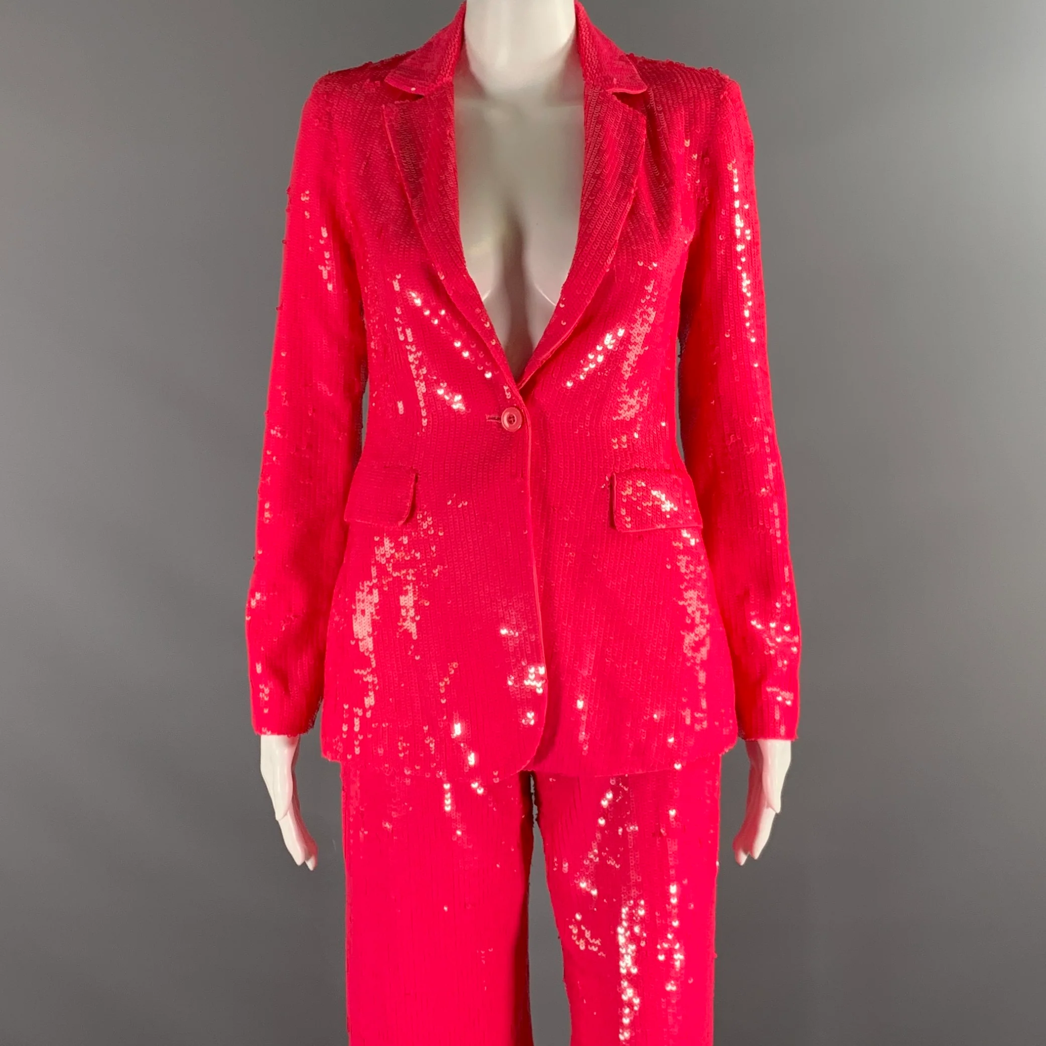 ALICE + OLIVIA Size XS Pink Polyester Sequined Notch Lapel Pants Suit