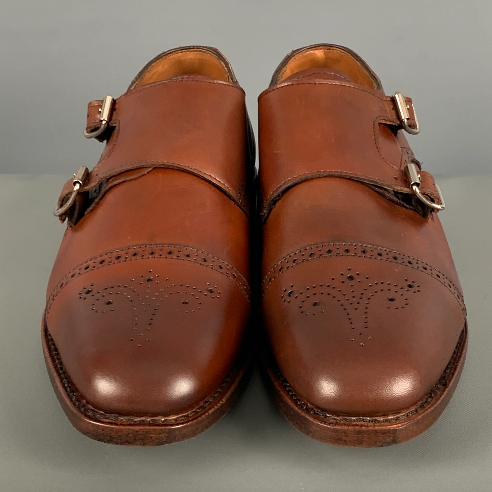 ALLEN EDMONDS Size 10 Brown Perforated Leather Double Monk Strap Lace Up Shoes - Image 4