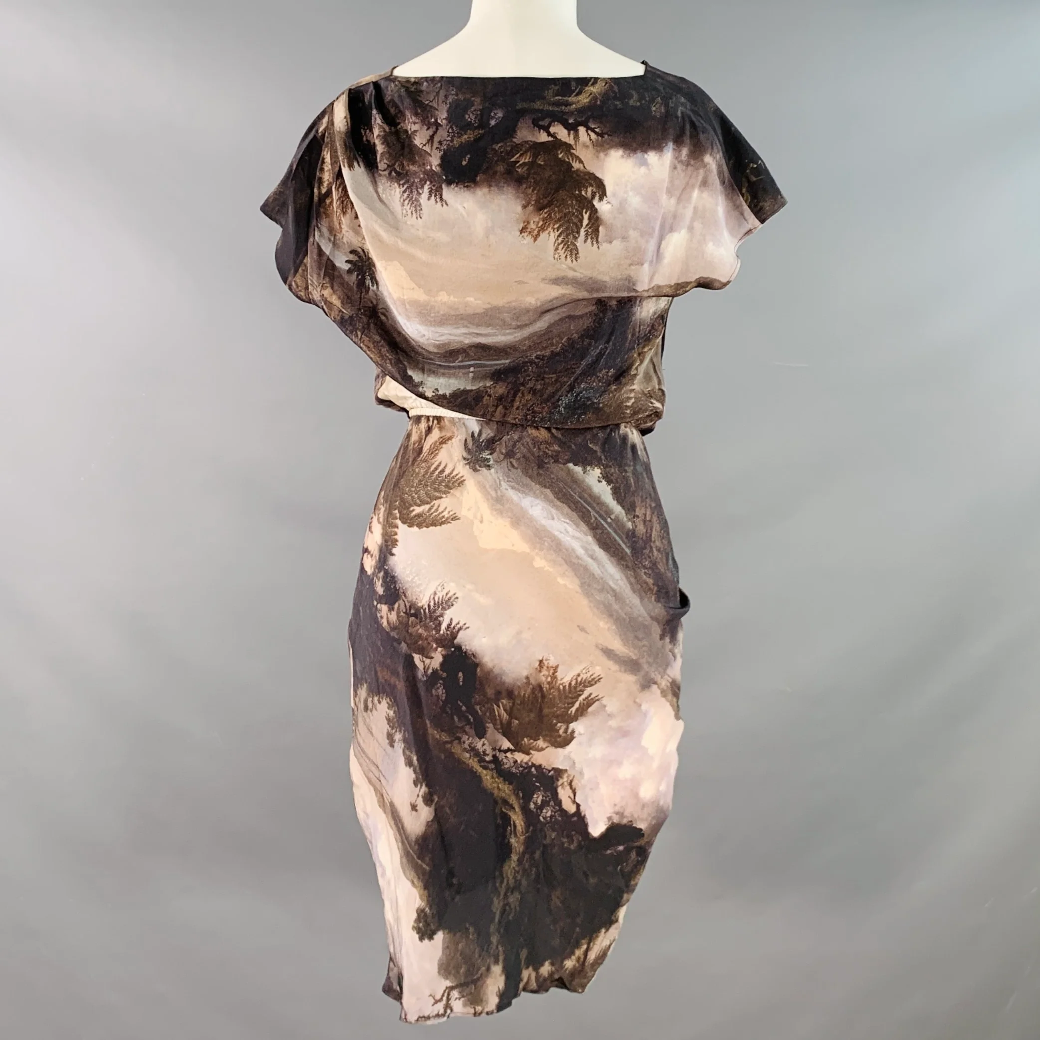 ALLSAINTS Size 2 Brown Beige Silk Tapestry Drapey V-Neck Midi Dress - Image 4