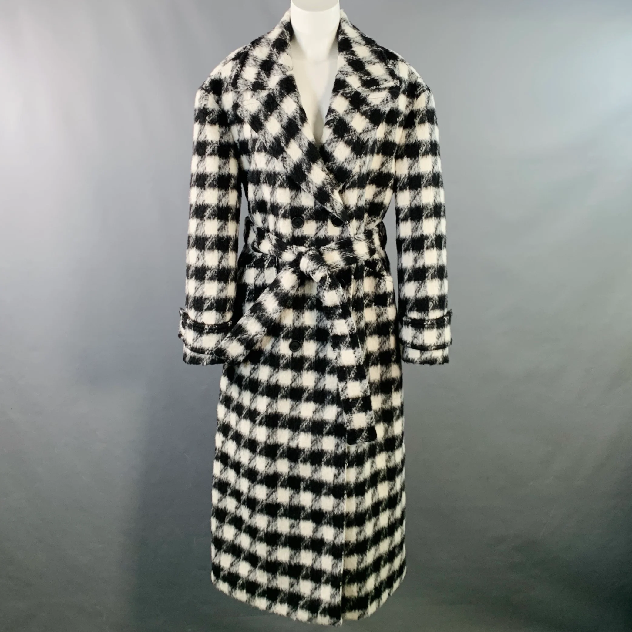 ALLSAINTS Size 8 Black White Wool Blend Checkered Double Breasted Belted Coat