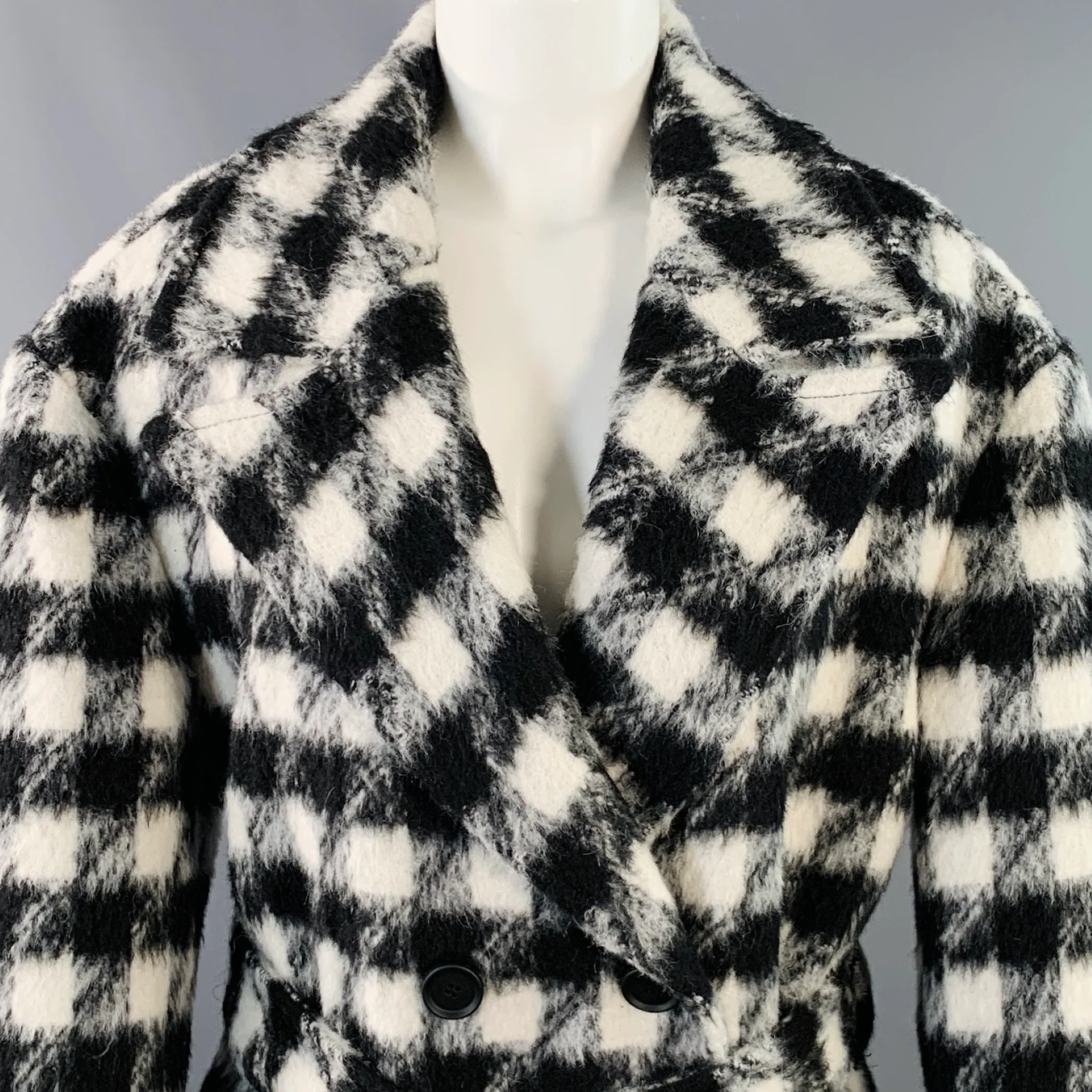 ALLSAINTS Size 8 Black White Wool Blend Checkered Double Breasted Belted Coat - Image 2