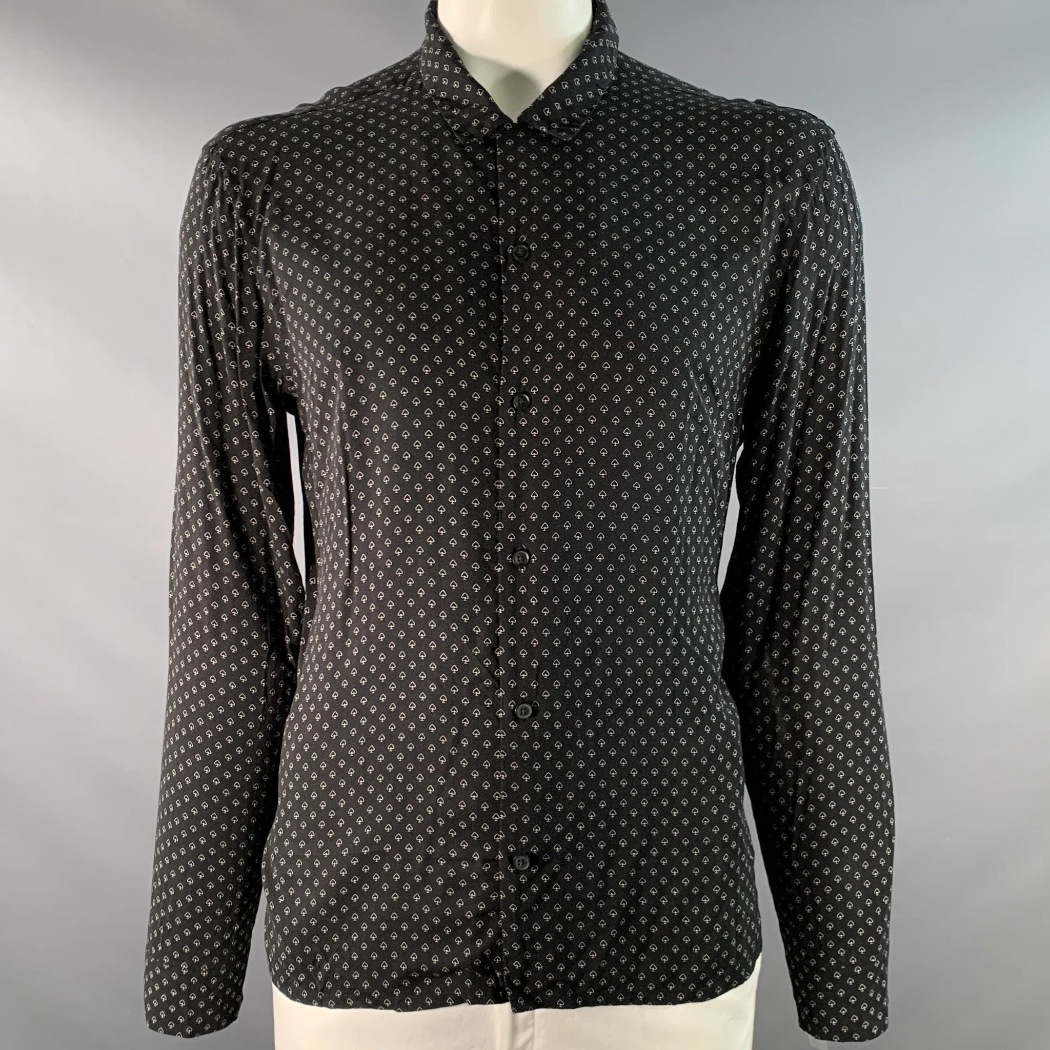 ALLSAINTS Size XL Black White Abstract Viscose Long Sleeve Shirt