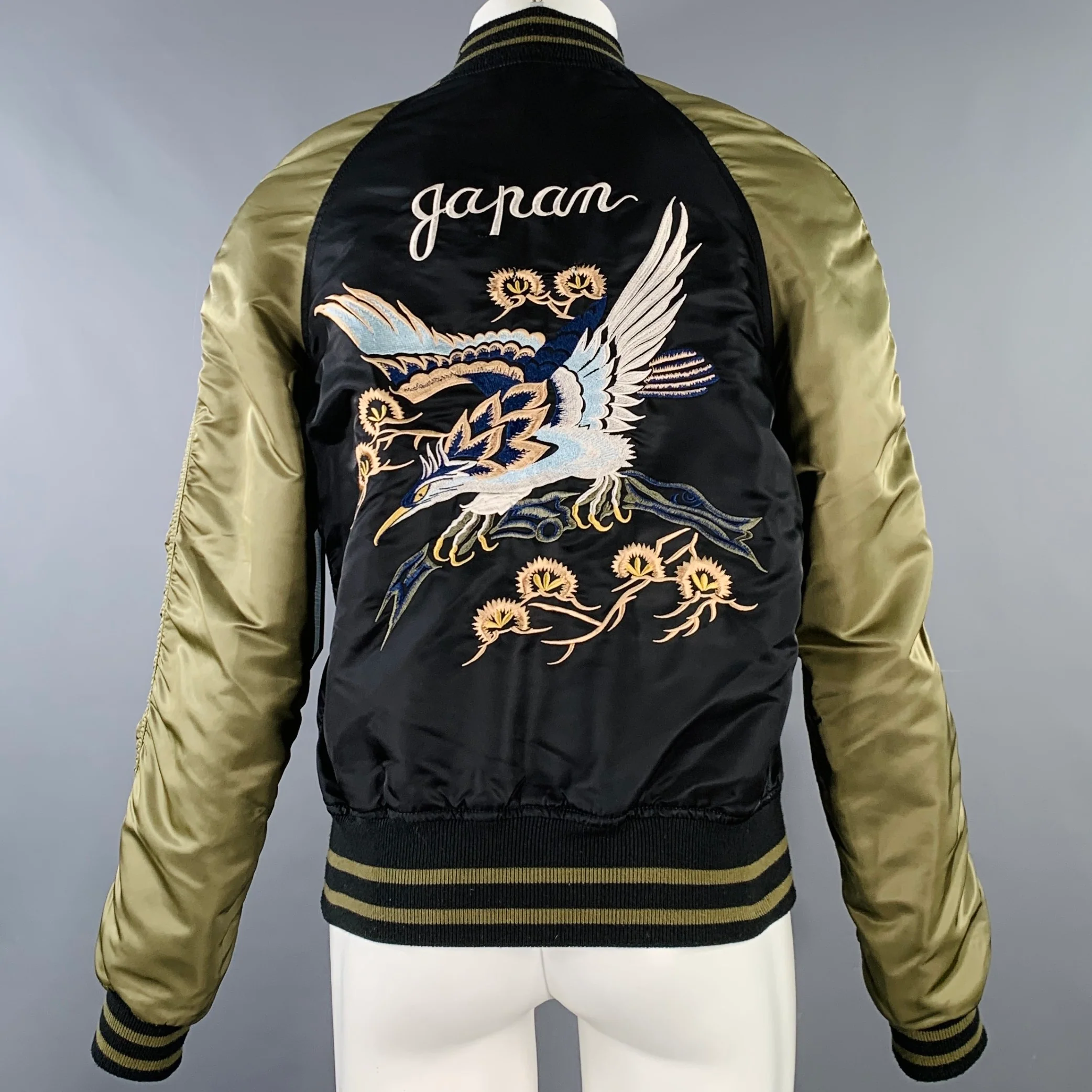 ALPHA INDUSTRIES Size S Beige Olive Yellow Embroidery Nylon Bomber Jacket - Image 4