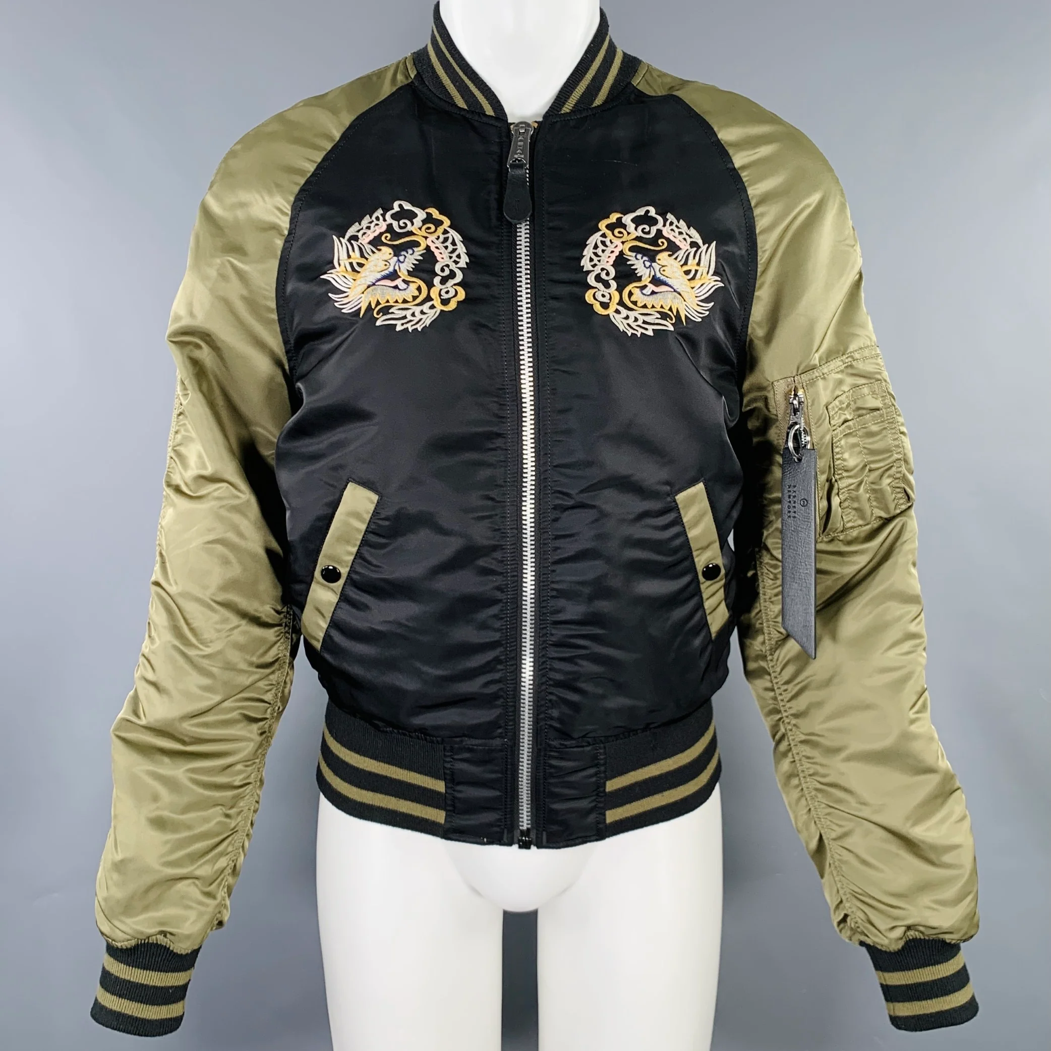 ALPHA INDUSTRIES Size S Black Olive Embroidery Nylon Bomber Jacket