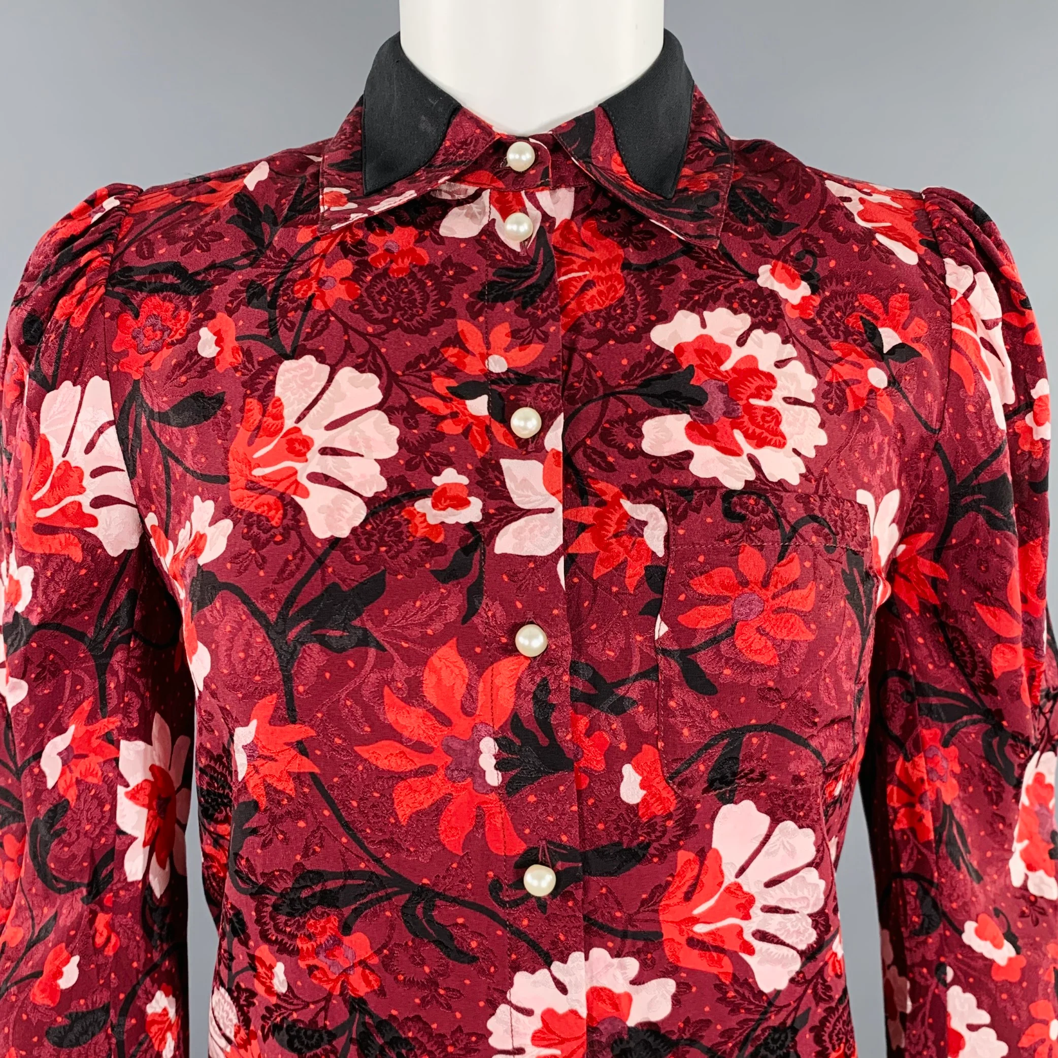 ALTUZARRA Size 0 Burgundy Black White Silk Floral Blouse - Image 2