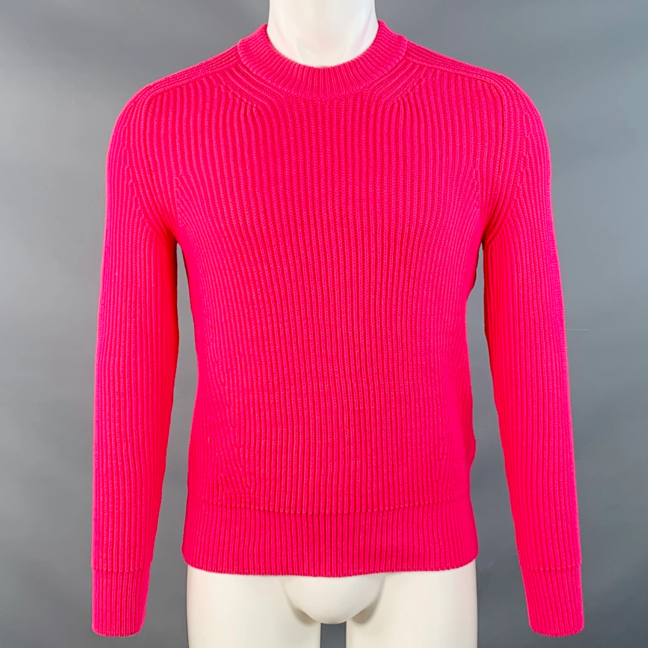 AMI by ALEXANDRE MATTIUSSI Size S Fuchsia Pink Rib Knit Cotton Blend Crew Neck Sweater