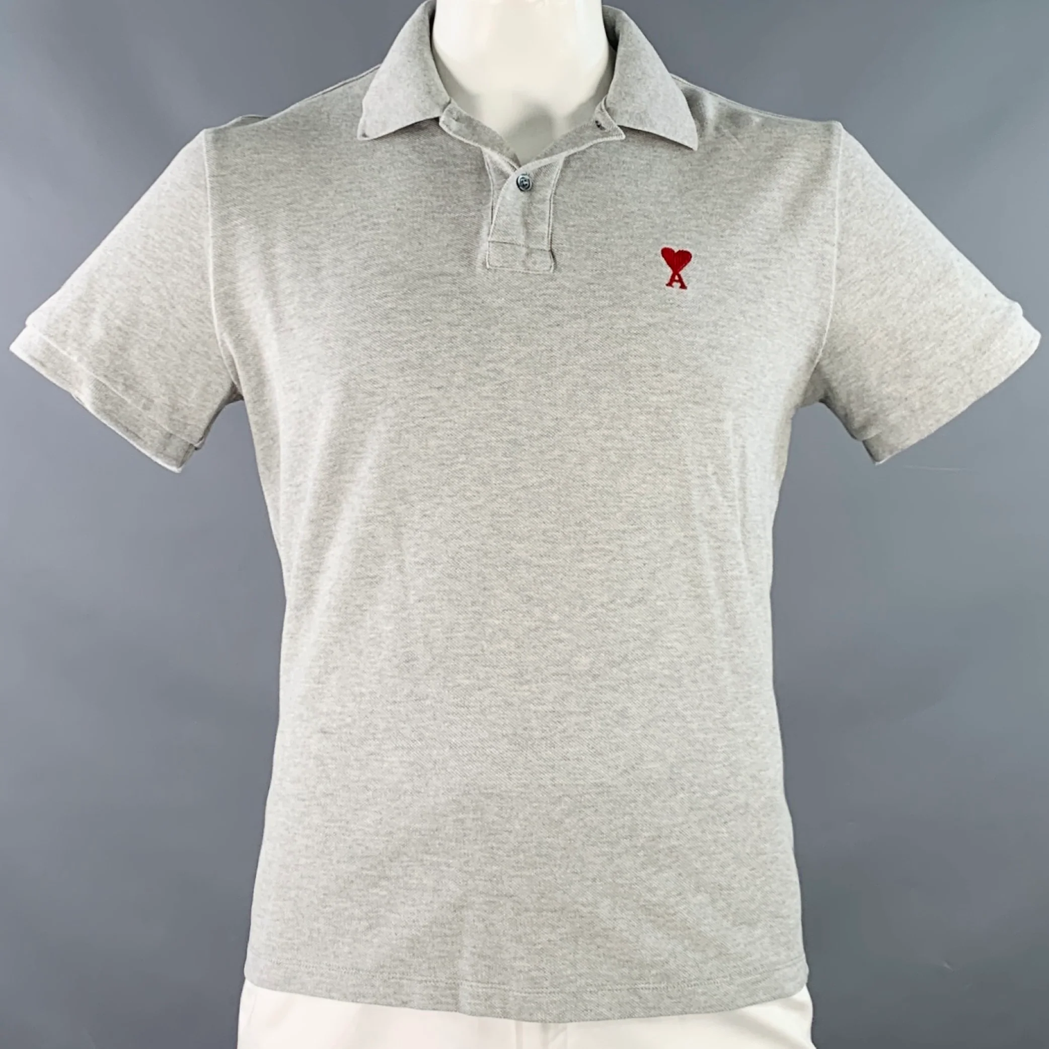 AMI Size L Grey Red Logo Half Placket Polo