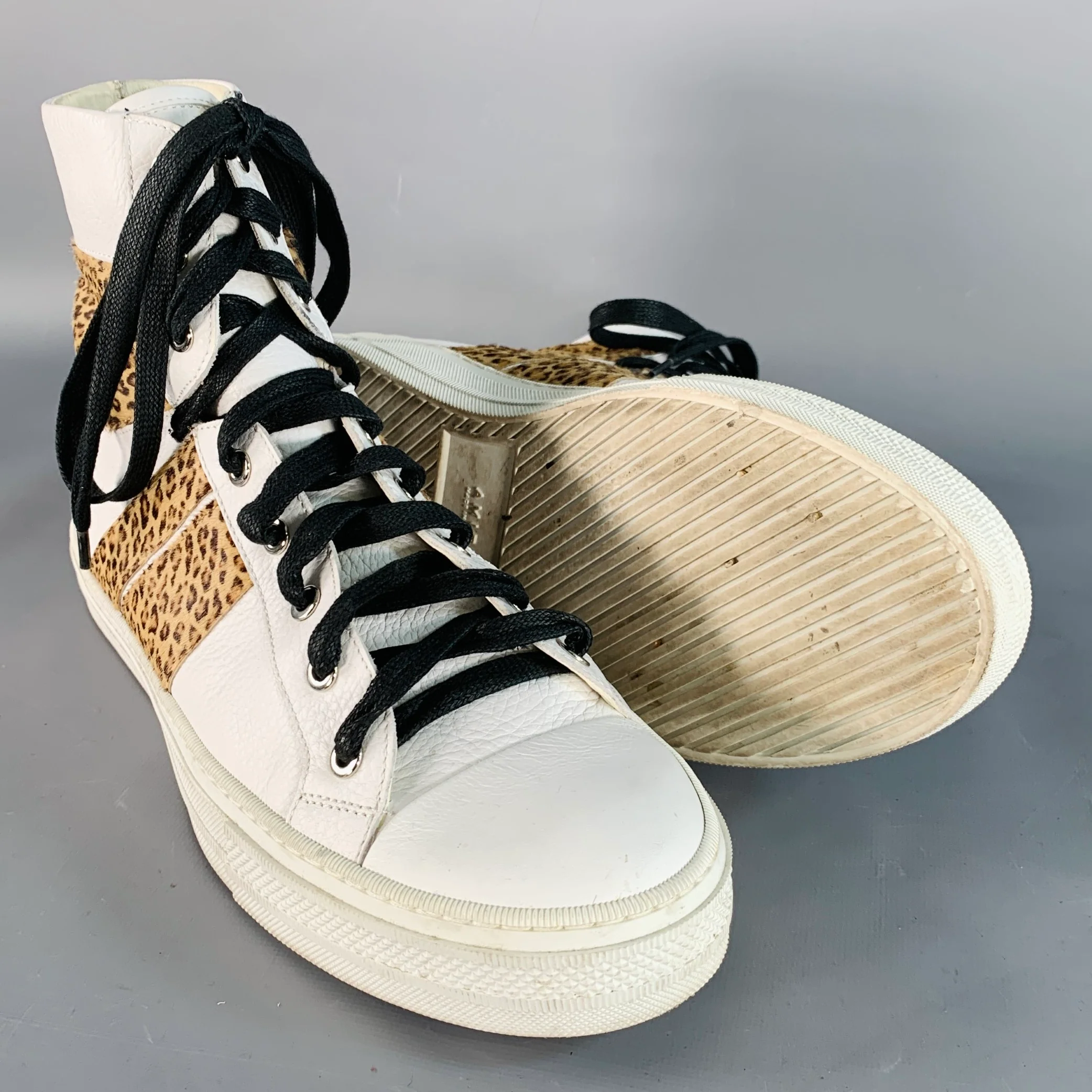 AMIRI Size 11 White Brown Animal Print Faux Fur Leather High Top Sneakers - Image 5