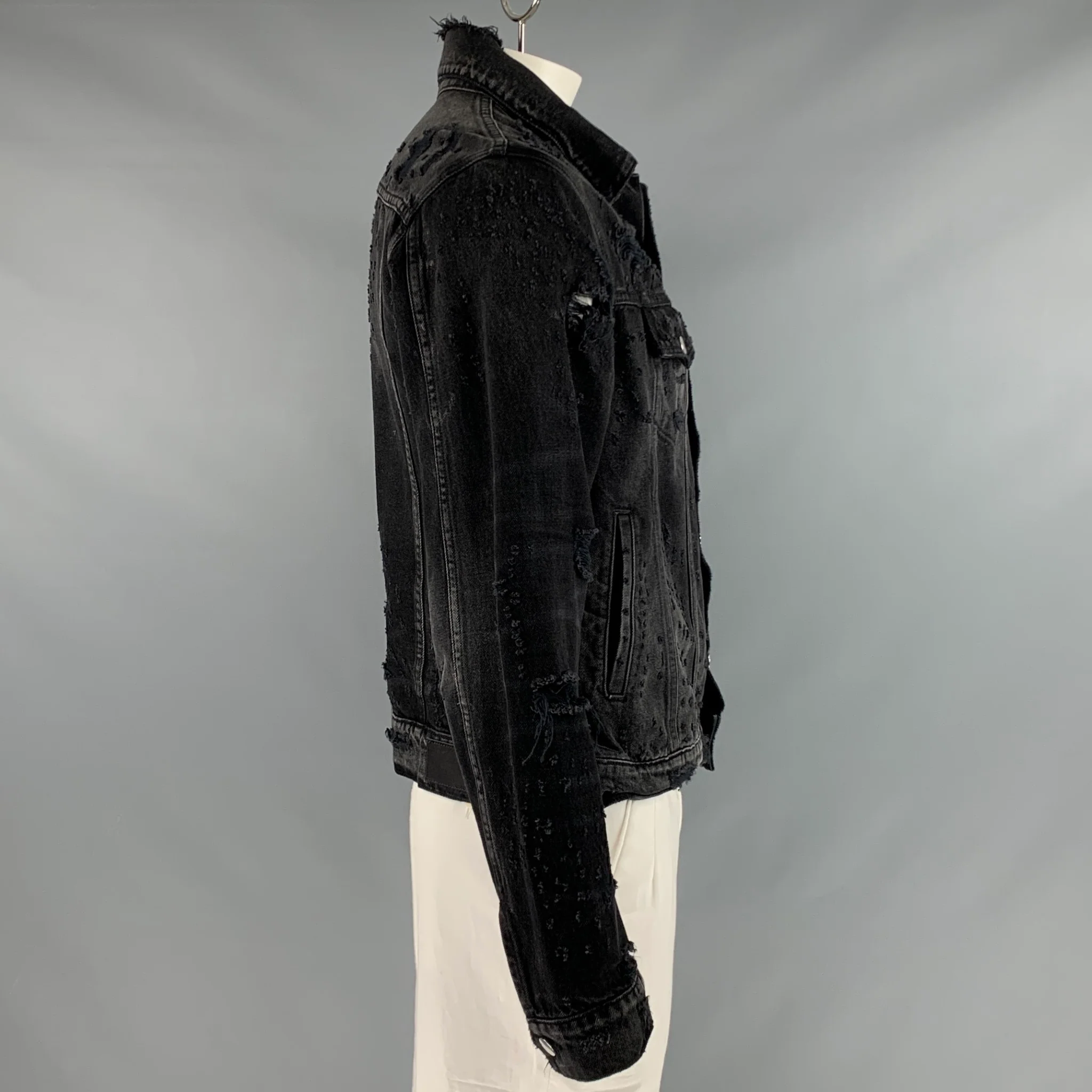 AMIRI Size XL Black Grey Distressed Cotton Trucker Jacket - Image 3