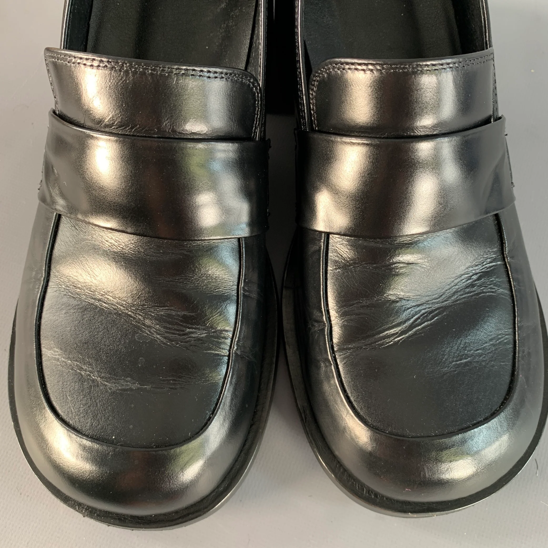 AMOMENTO Size 6 Black Leather Stacked Heel Penny Loafers - Image 10