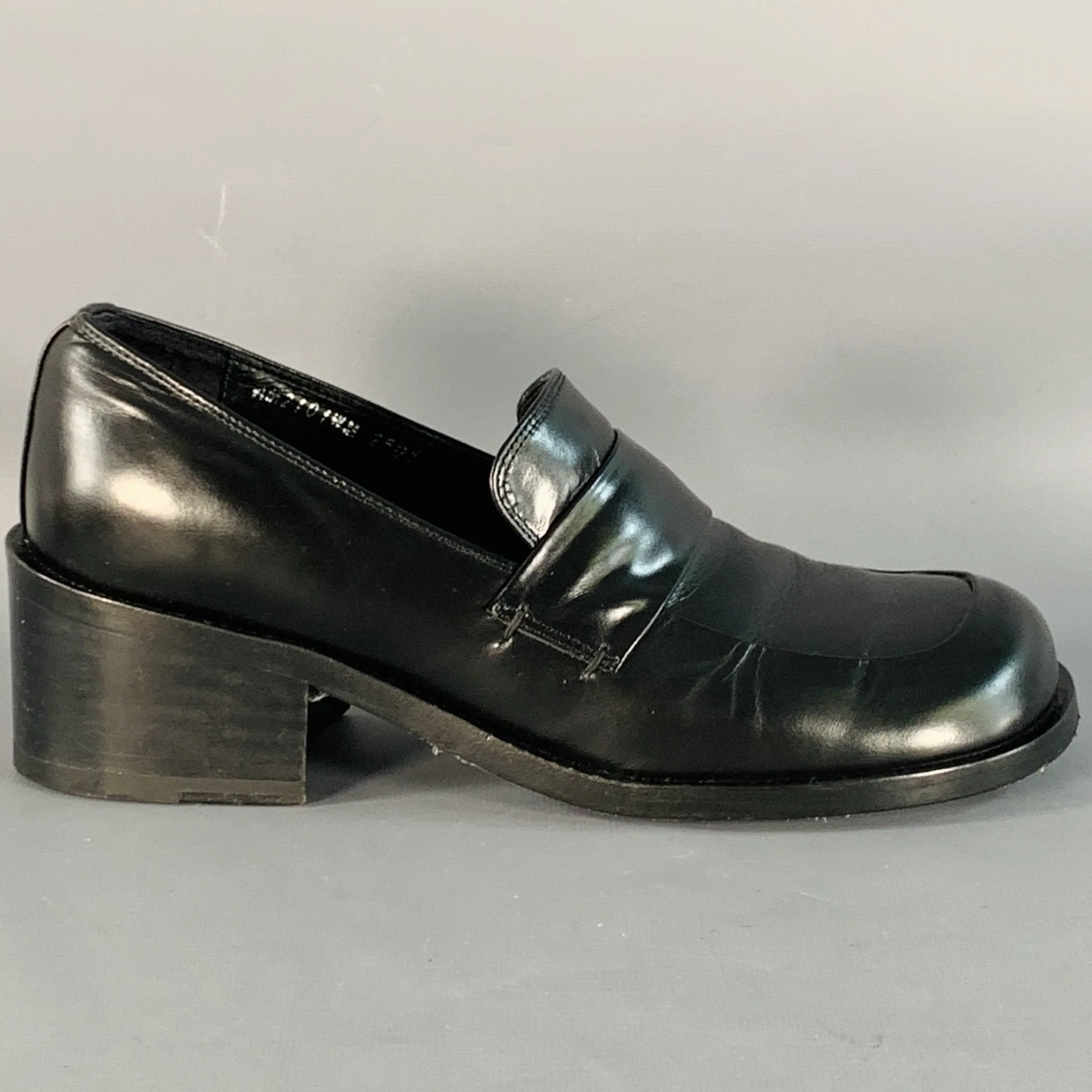 AMOMENTO Size 6 Black Leather Stacked Heel Penny Loafers - Image 2