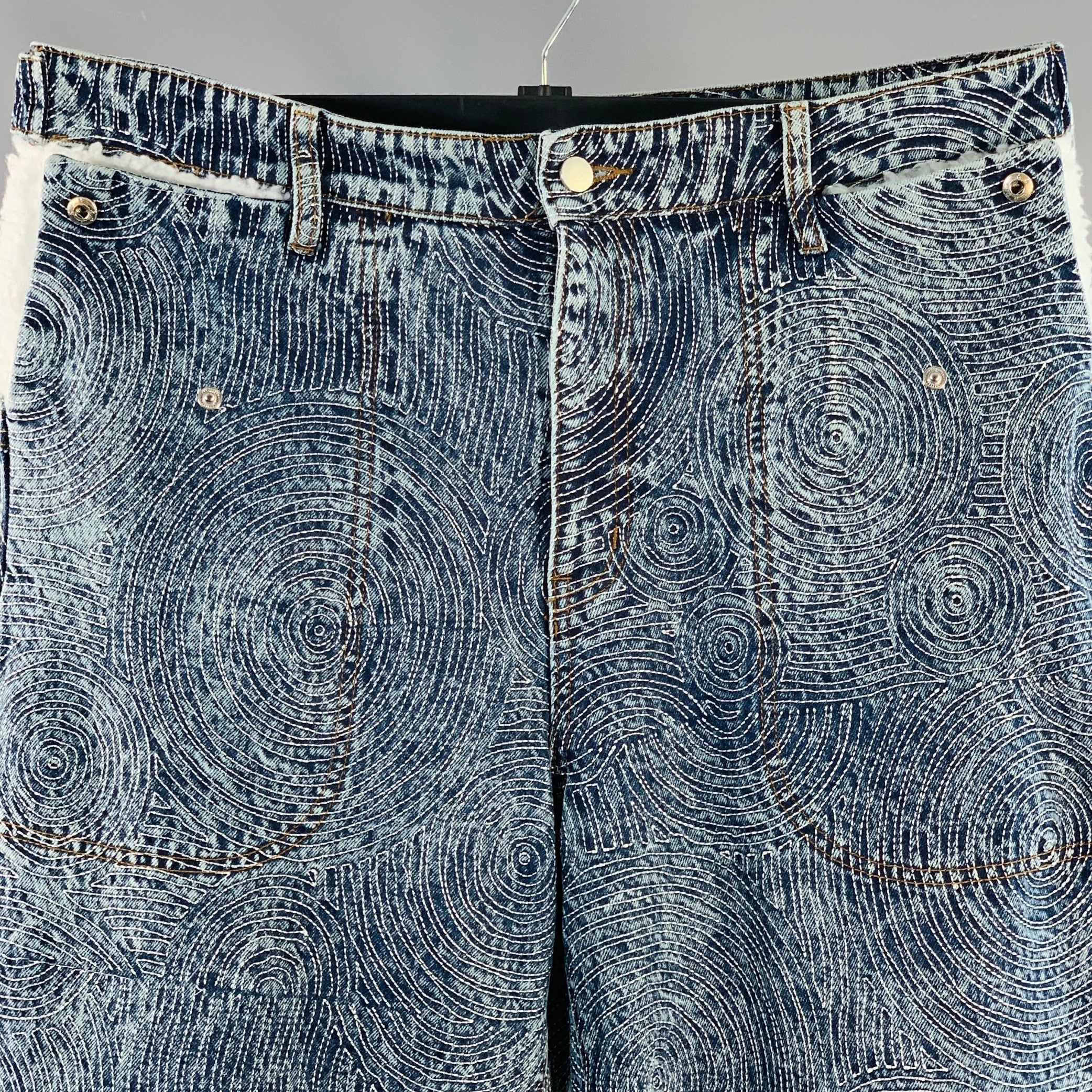 ANIKI Size L Indigo White Embroidery Cotton Wide Leg Straight Zip Fly Jeans - Image 3