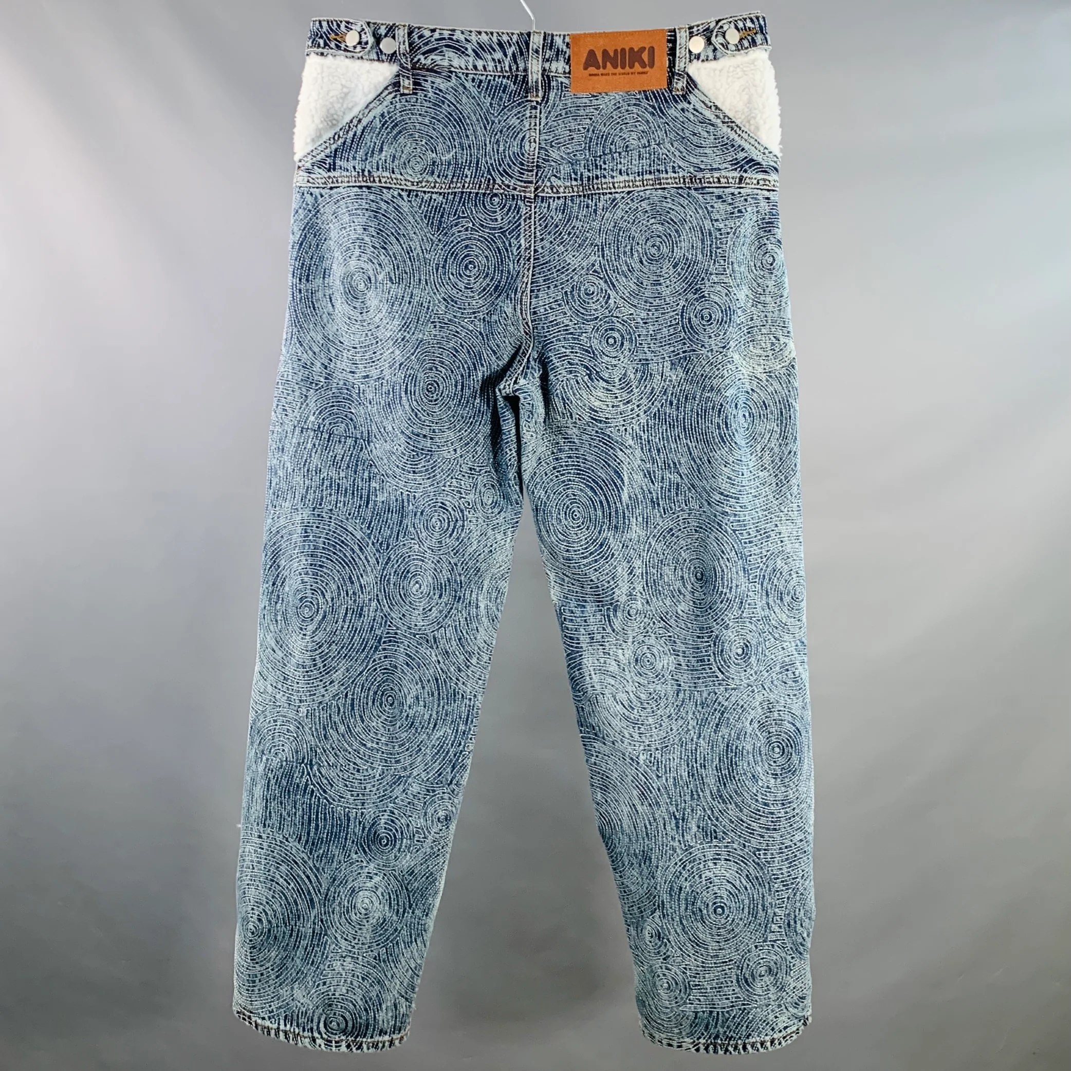 ANIKI Size L Indigo White Embroidery Cotton Wide Leg Straight Zip Fly Jeans - Image 4